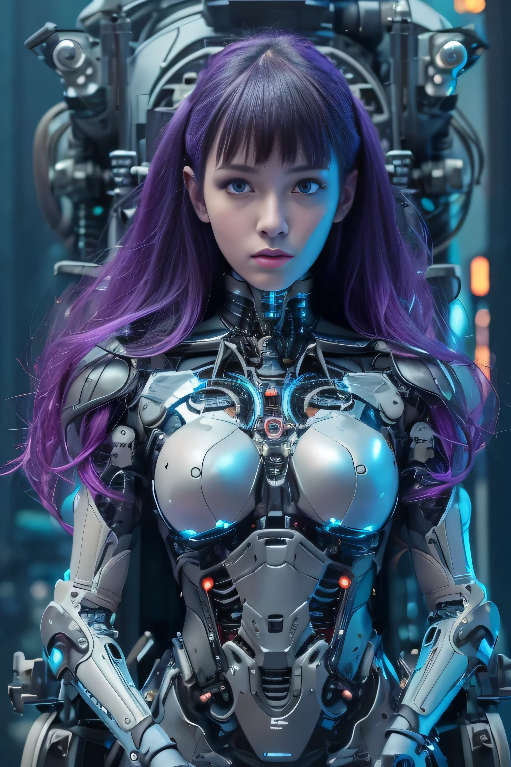 highest qualityの, table top, ultra high resolution, ((realistic: 1.4), RAW photo, highest quality、masterpiece、ultra high resolution、(Photoreal:1.4)、RAW photo、1 girl, bikini costume, big breasts, very intricate details、realistic light、purple eyes、shining eyes、towards the camera、 1 Cyberpunk Android Girl, Glossy, glowing skin, (Super realistic details)), mechanical limbs, Tube attached to mechanical parts, mechanical vertebrae attached to the spine, Mechanical cervical spine attachment to the neck, Wires and cables connecting to the head, Evangelion, ((ghost in the shell)), Bright little light, global illumination, deep shadow, octane rendering, 8K, super sharp, Metal, intricate decorative details, baroque details, very intricate details, realistic light, CG Trends, towards the camera, neon light details, (Android factory in the background), Art by H.R. Giger and Alphonse Mucha.