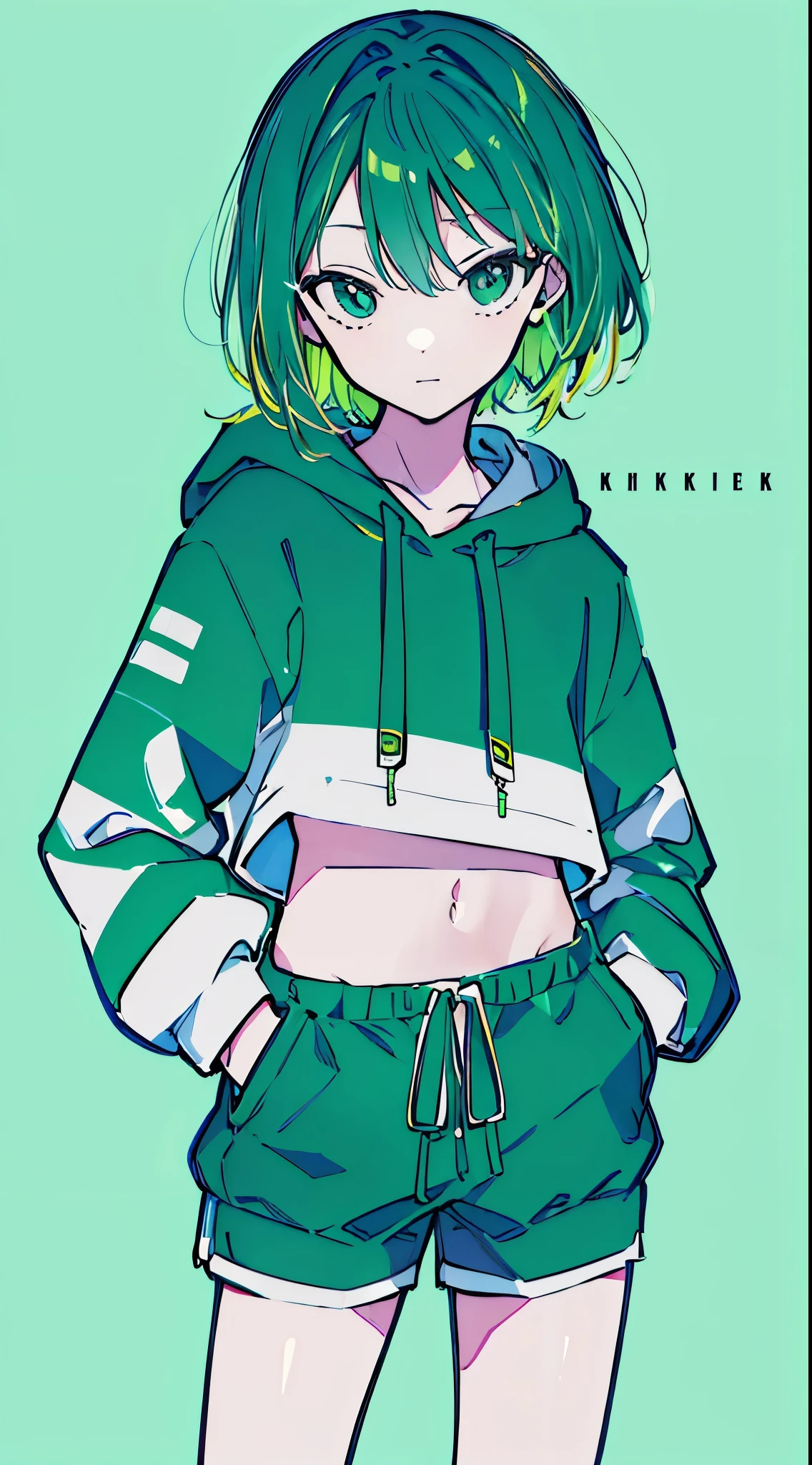(masterpiece, highest quality:1.6), alone, thick outline, (simple background, bright green background, monochrome, bright green theme:1.2), official art, Key Visual, 8K, confused, whole body, (Unique hair, oversized hoodie, hot pants, arch back, short torso:1.2), belly button, thighs, cowboy shot, HDR, sharp focus, High resolution, most detailed, very detailed, Super detailed, finely, detailed eyes and face, sharp pupils, realistic student, alone, alone, hands in pockets