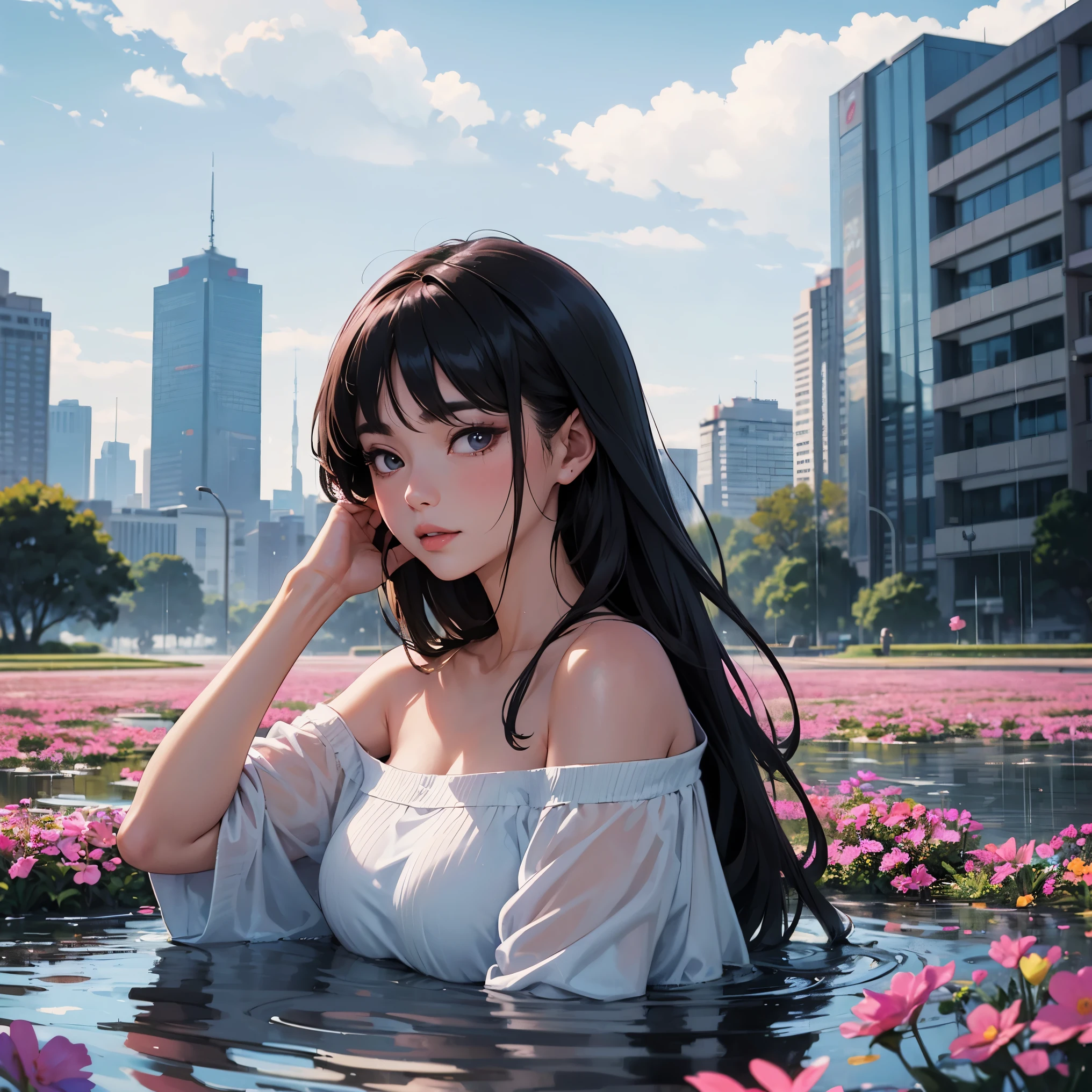 mature anime style, rain on face, cloudy sky, beautiful asian girl, off shoulder,  heavenly aura around, field of flowers, destiny watching, world is a flood, slowly I become one with the mud, cross in background, city scape