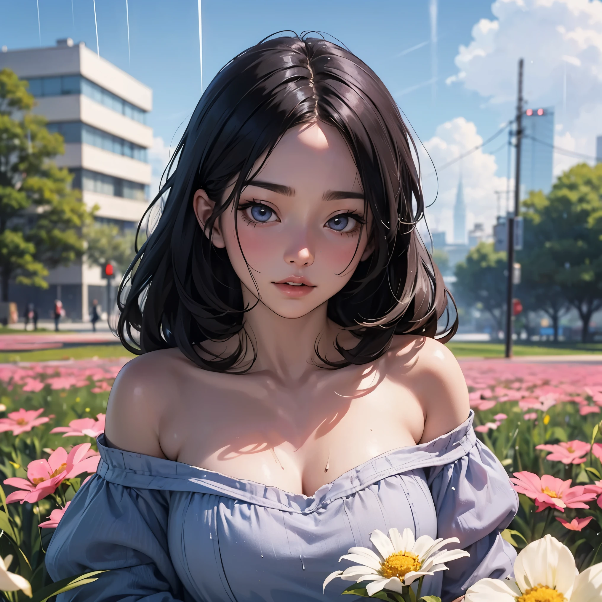 mature anime style, rain on face, cloudy sky, beautiful asian girl, off shoulder,  heavenly aura around, field of flowers, destiny watching, world is a flood, slowly I become one with the mud, cross in background, city scape