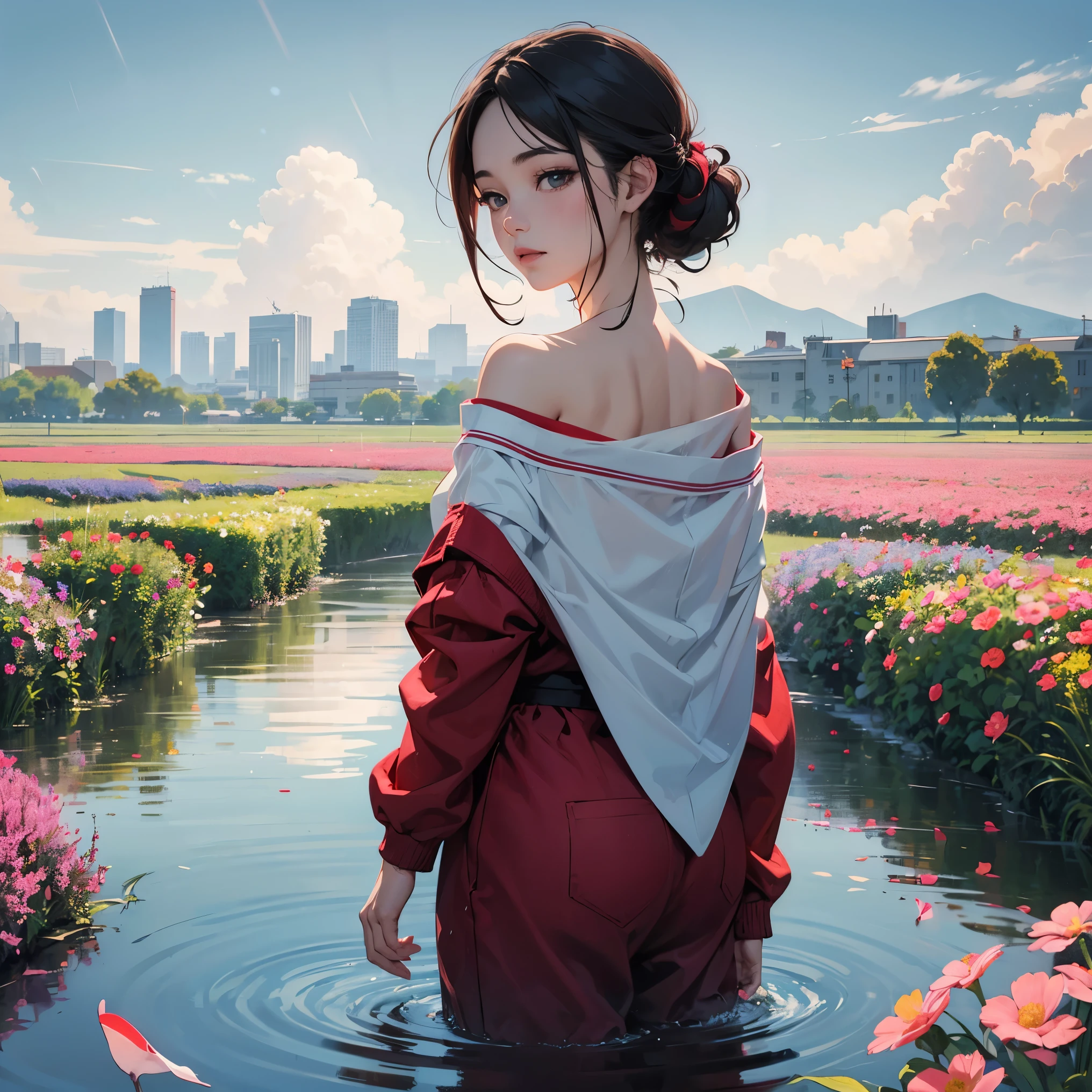 mature anime style, rain on face, cloudy sky, beautiful asian girl, off shoulder, heavenly aura around, field of flowers, destiny watching, world is a flood, slowly I become one with the mud, cross in background, city scape