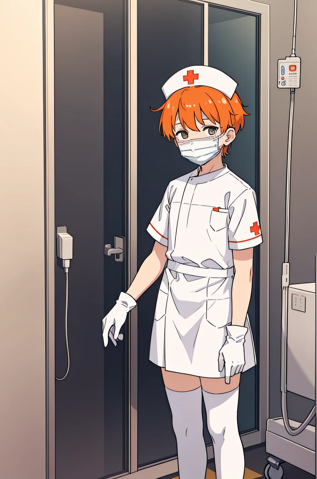 1 boy, alone, male focus, nurse, nurse cap, Whiteware, ((white legwear, zettai ryouiki)), white gloves, short hair, orange hair, ((White surgical mask, Covered nose)), Are standing, ((hospital room)), sharp outline, short sleeve, Shota, ************, highest quality, masterpiece