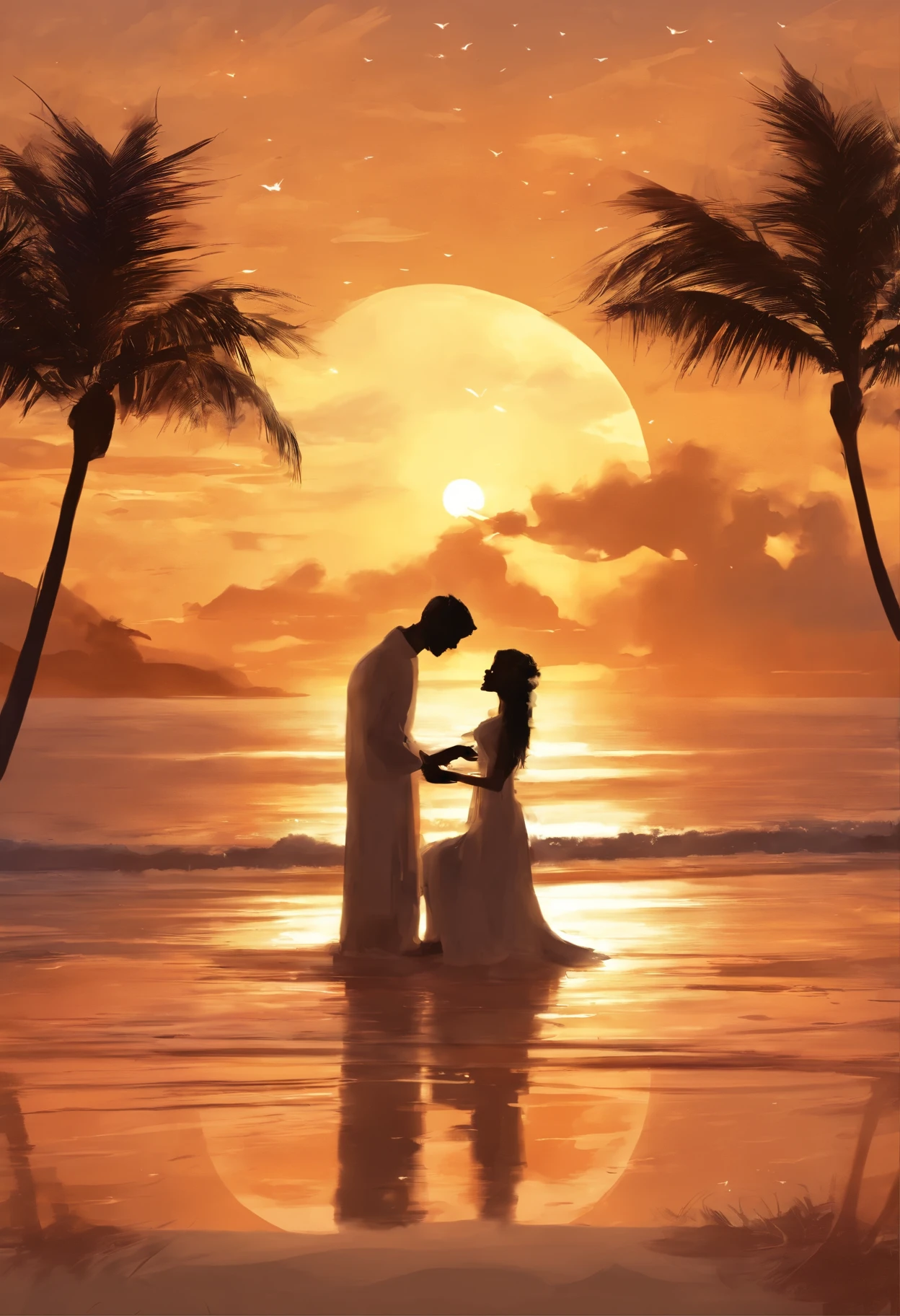 "Imagine a stunning seaside setting, em Punta Cana, on Bávaro beach, no Paradisus Palma Real. A lua cheia ilumina suavemente a cena, while large palm trees sway to the rhythm of the sea breeze. A luxuriously arranged table is positioned on the sand, sob uma pequena tenda de bambu, adorned with mini lamps that sparkle like water drops. A couple is dressed in white, sitting on table, sharing an intimate and romantic moment. The man kneels at the woman's feet, segurando uma pequena caixa. He opens the box to reveal a beautiful ring., enquanto declara seu amor e faz o pedido de casamento. Capture the emotion, the beauty and romance of this unique moment by the sea."