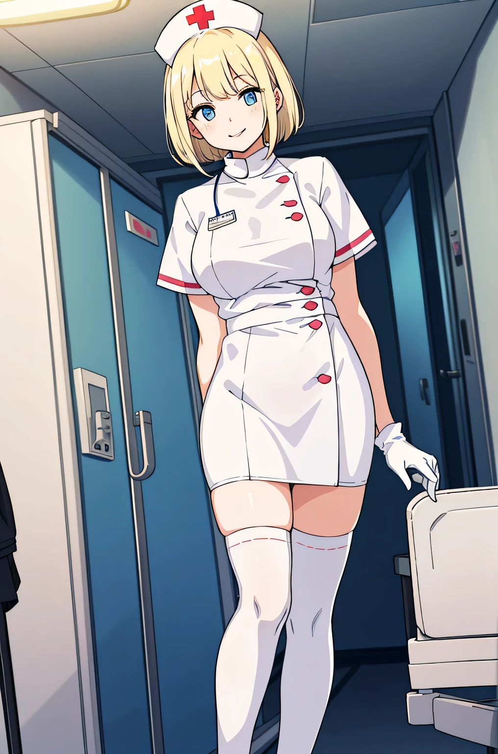 1 female, alone, nurse, nurse cap, Whiteware, ((white legwear, zettai ryouiki)), white gloves, blonde hair, blue eyes, pink lips, smile, Are standing, ((hospital room)), sharp outline, short sleeve, mature woman, 35 years old, highest quality, masterpiece