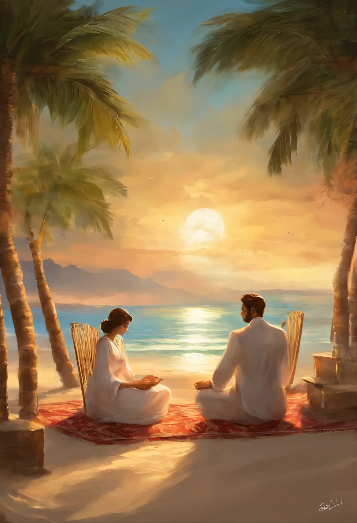 "Imagine a stunning seaside setting, em Punta Cana, on Bávaro beach, no Paradisus Palma Real. A lua cheia ilumina suavemente a cena, while large palm trees sway to the rhythm of the sea breeze. A luxuriously arranged table is positioned on the sand, sob uma pequena tenda de bambu, adorned with mini lamps that sparkle like water drops. A couple is dressed in white, sitting on table, sharing an intimate and romantic moment. The man kneels at the woman&#39;s feet, segurando uma pequena caixa. He opens the box to reveal a beautiful ring., enquanto declara seu amor e faz o pedido de casamento. Capture the emotion, the beauty and romance of this unique moment by the sea."