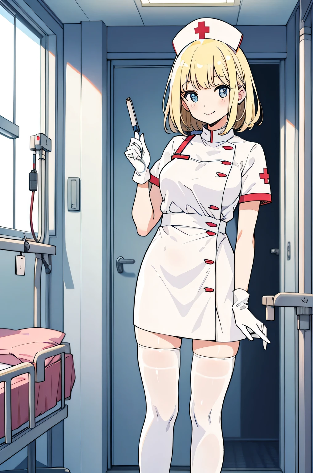 1 female, alone, nurse, nurse cap, Whiteware, ((white legwear, zettai ryouiki)), white gloves, blonde hair, blue eyes, pink lips, smile, Are standing, ((hospital room)), sharp outline, short sleeve, mature woman, 35 years old, highest quality, masterpiece