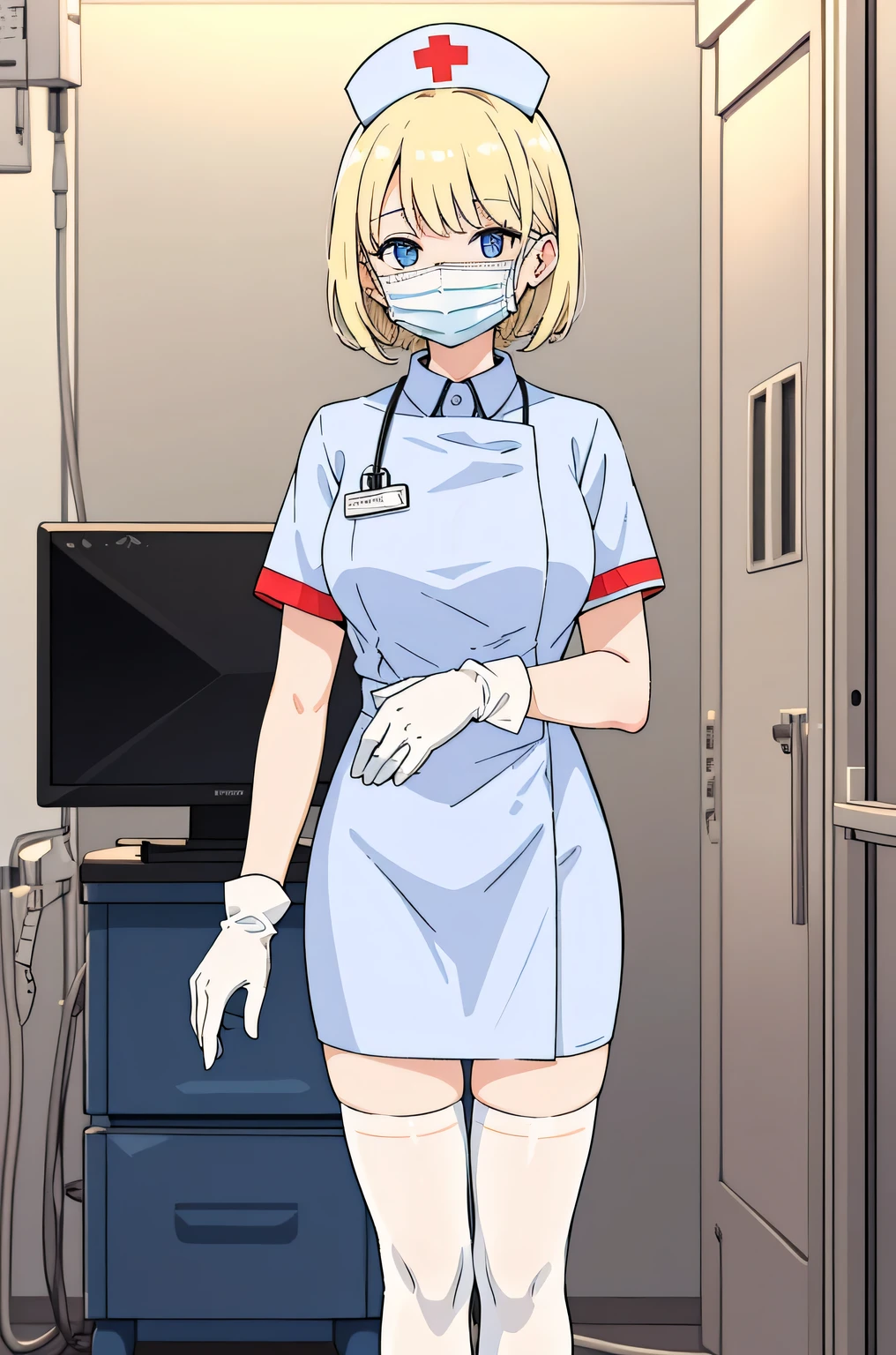 1 female, alone, nurse, nurse cap, Whiteware, ((white legwear, zettai ryouiki)), white gloves, blonde hair, blue eyes, ((White surgical mask, Covered nose)), Are standing, ((hospital room)), sharp outline, short sleeve, mature woman, 35 years old, highest quality, masterpiece