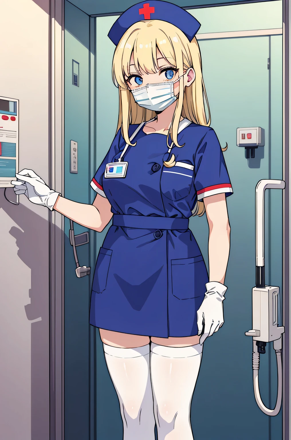 1 female, alone, nurse, nurse cap, Whiteware, ((white legwear, zettai ryouiki)), white gloves, blonde hair, blue eyes, ((White surgical mask, Covered nose)), Are standing, ((hospital room)), sharp outline, short sleeve, mature woman, 35 years old, highest quality, masterpiece