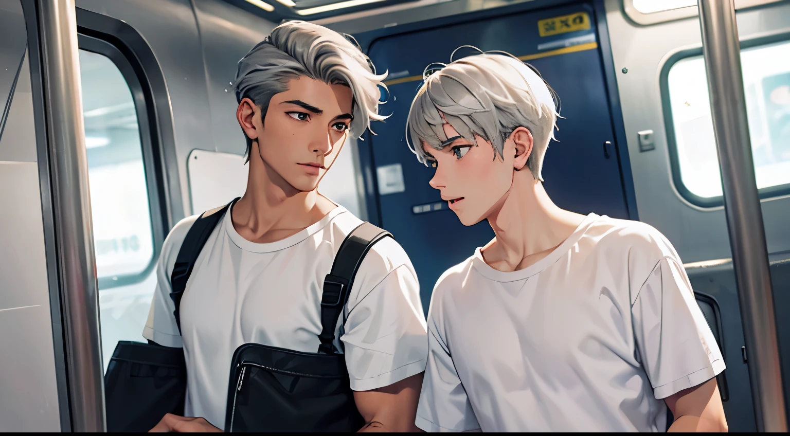 There are two handsome silver-haired boys, they are , traveling together in the subway in Mexico, they are wearing white t-shirts.