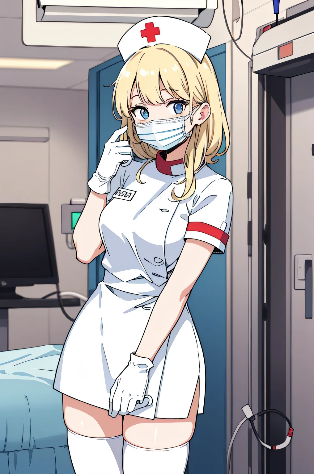 1 female, alone, nurse, nurse cap, Whiteware, ((white legwear, zettai ryouiki)), white gloves, blonde hair, blue eyes, ((White surgical mask, Covered nose)), Are standing, ((hospital room)), sharp outline, short sleeve, mature woman, 35 years old, highest quality, masterpiece