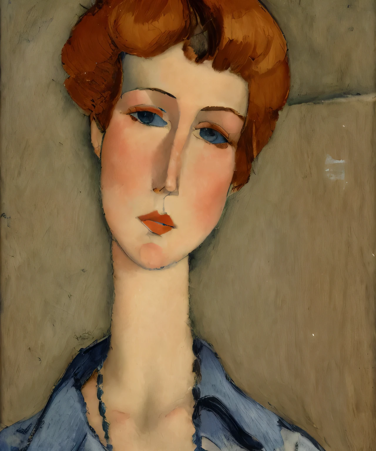 uma pintura de uma mulher com um colar e um colar, Modigliani, Direction: Amedeo Modigliani, inspired Direction: Amedeo Modigliani, Retrato de uma mulher de cabelos vermelhos, mulher com cabelo ruivo, Direction: Jeanne Hébuterne, inspired Direction: Jeanne Hébuterne, retrato do rosto de um elegante