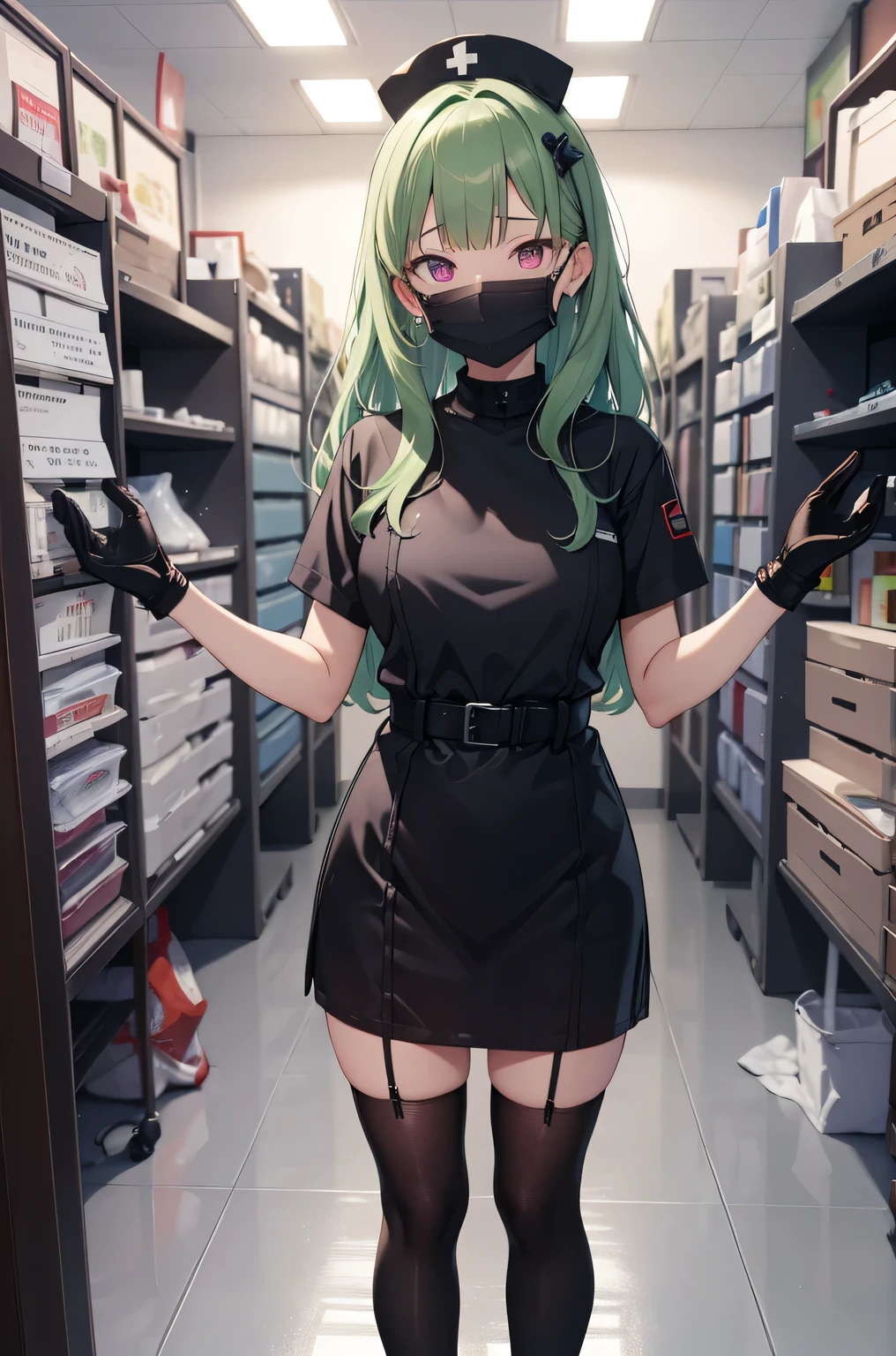 black nurse, 1 female, alone, black nurse cap, Black Wear, ((black legwear, zettai ryouiki)), black elbow gloves, amount, long hair, green hair, pink eyes, ((Black surgical mask, Covered nose)), Are standing, ((operating room)), sharp outline, short sleeve, mature woman, 35 years old, highest quality, masterpiece
