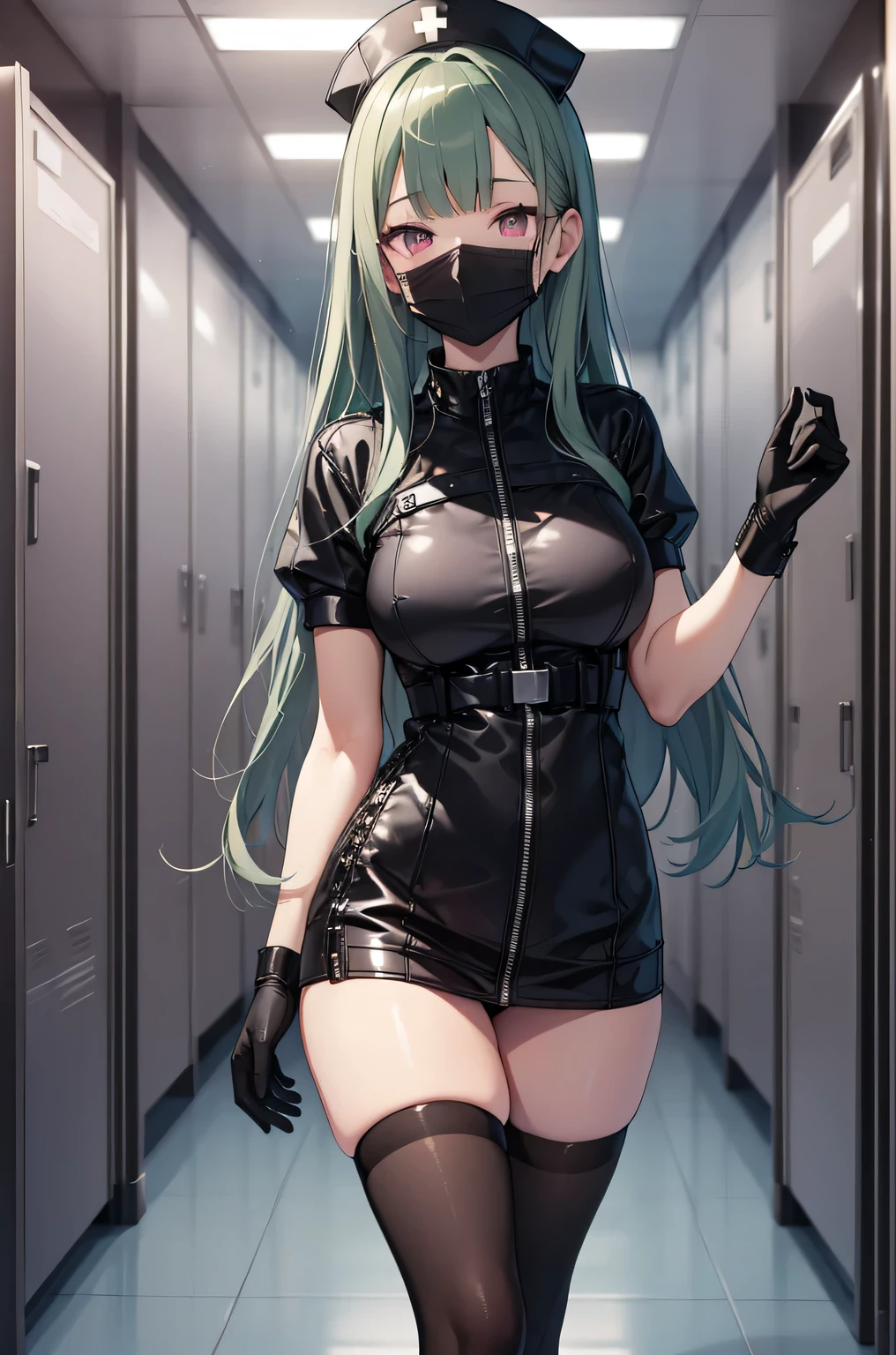 black nurse, 1 female, alone, black nurse cap, Black Wear, ((black legwear, zettai ryouiki)), black elbow gloves, amount, long hair, green hair, pink eyes, ((Black surgical mask, Covered nose)), Are standing, ((operating room)), sharp outline, short sleeve, mature woman, 35 years old, highest quality, masterpiece