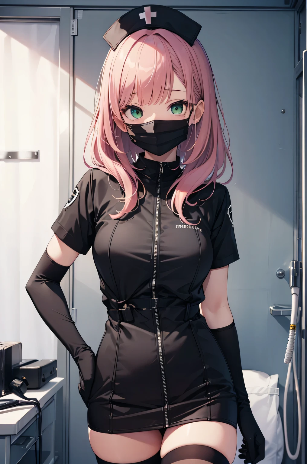 black nurse, 1 female, alone, black nurse cap, Black Wear, ((black legwear, zettai ryouiki)), black elbow gloves, pink hair, green eyes, droopy eyes, ((Black surgical mask, Covered nose)), Are standing, ((operating room)), sharp outline, short sleeve, mature woman, 32 years old, highest quality, masterpiece