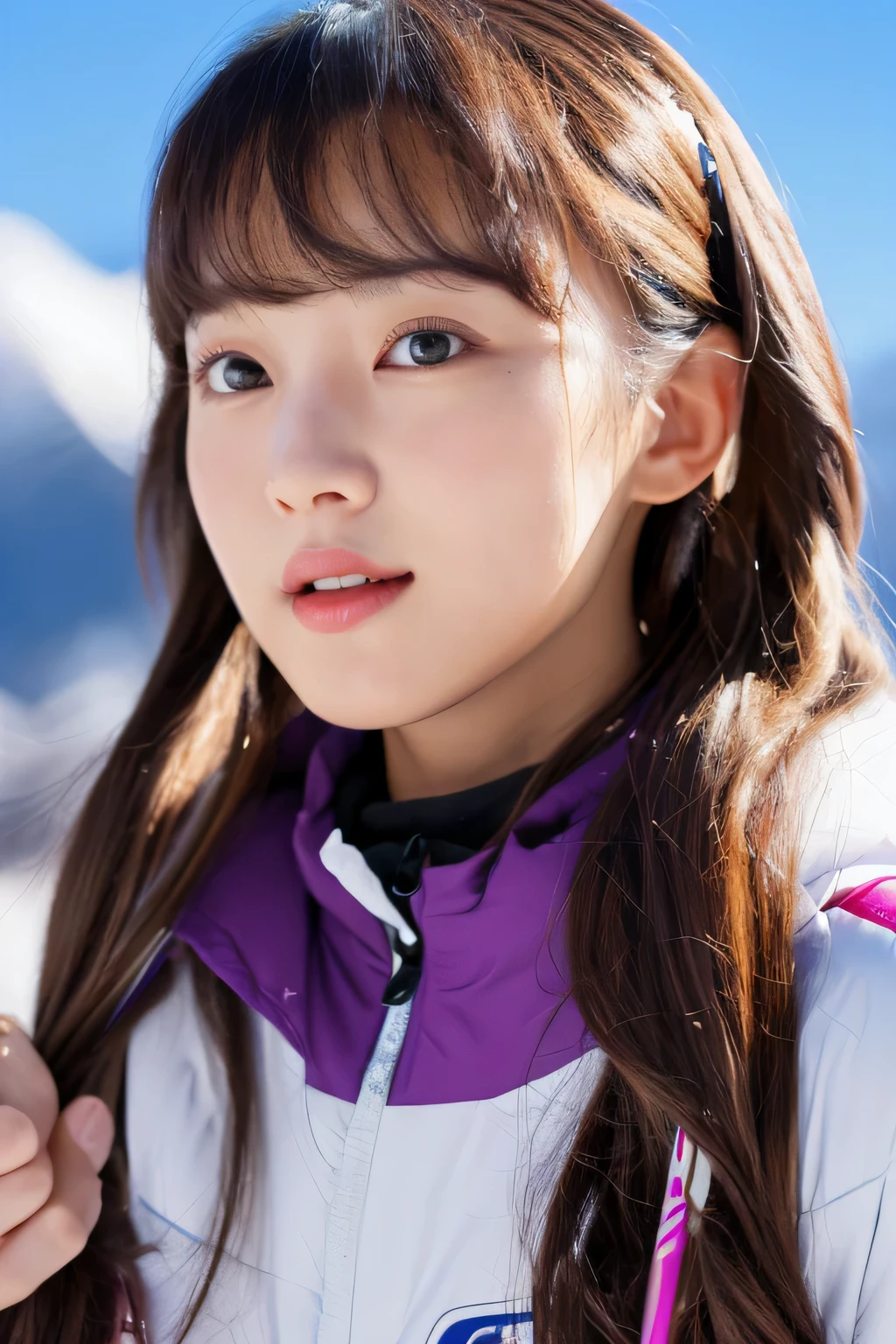 ( highest quality, masterpiece, shape, (realistic, photo-realistic:1.37), wonderful, finely, incredibly absurd, huge file size, 超get used to it, High resolution, Highly detailed CG Unity 8K wallpaper, ray tracing, NSFW, 1 girl, Young Korean Girl, orgasm, blush, A cute realistic drawing of a young Korean woman with pink hair in two ヘアリング and bangs. Revealing a very large bust(highest quality, masterpiece, shape, (genuine, Photorealistic: 1.37), wonderful, get used to it, incredibly absurd, huge file size, Super get used to it, High resolution, High resolution CG Unity 8k 壁紙, one girl, Young Korean Girl, orgasm, blush, Cute realistic picture of a young Korean woman with brown hair in two hair rings and bangs. ski wearを着てゲレンデに立つ. The background is a ski resort, ski wear 、I have ski poles in my hand.