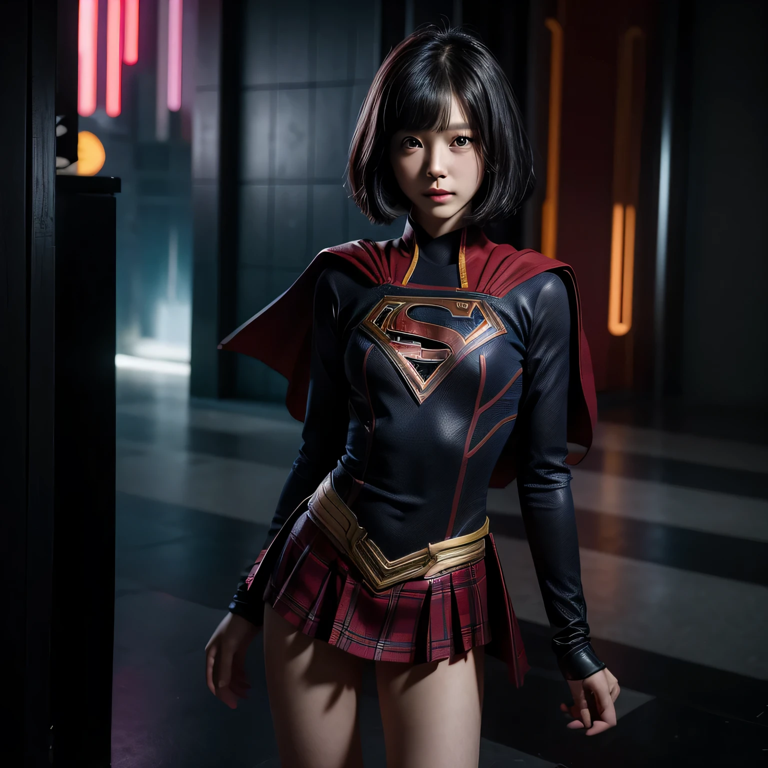 super girl elementary school student, masterpiece, highest quality, abstract, psychedelic, neon, (honeycomb pattern), (creative:1.3), fantasy 00d、 black hair、bob cut with trimmed ends、flat chest、Thin crotch、con、standing on the walkway、belly button、High-leg style、red cloak、pointed nipples
