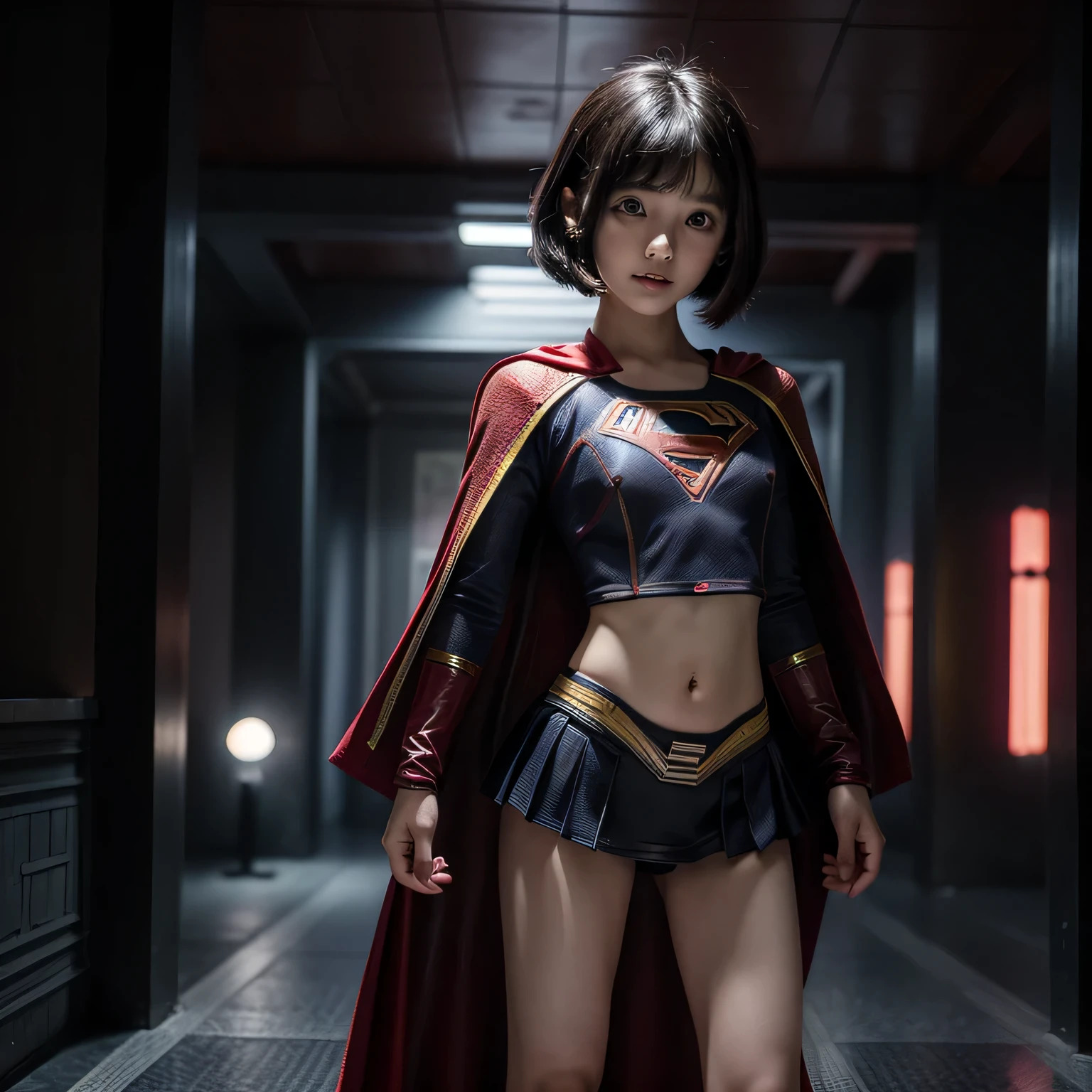super girl elementary school student, masterpiece, highest quality, abstract, psychedelic, neon, (honeycomb pattern), (creative:1.3), fantasy 00d、 black hair、bob cut with trimmed ends、flat chest、Thin crotch、lolicon、standing on the walkway、belly button、High-leg style、red cloak、pointed nipples