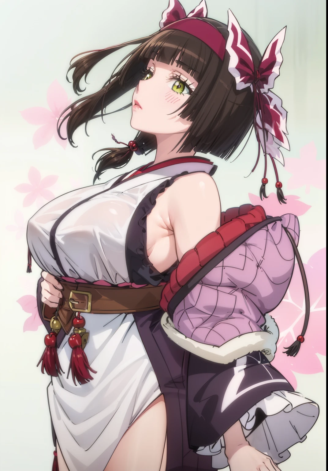 (Masterpiece, Highly Detailed, Cinematic Scene, Best Quality, Ultra Resolution, Top quality, Super Detailed), (Full Body View), (Chest Exposed), (Erotic Kimono:1.5), (Bare Shoulders 1.5), (Sexual suggestiveness:1.3), (Slide Slit Skirt), Thick Body, Thick Thighs, Thigh, Large Breasts, Blue eye, Hairband, Black Hair, Hair Bow, Spider Pattern, Spider Web Pattern, (Perfect Five Fingers:1.1), Cherry Blossom Trees, Japanese Background