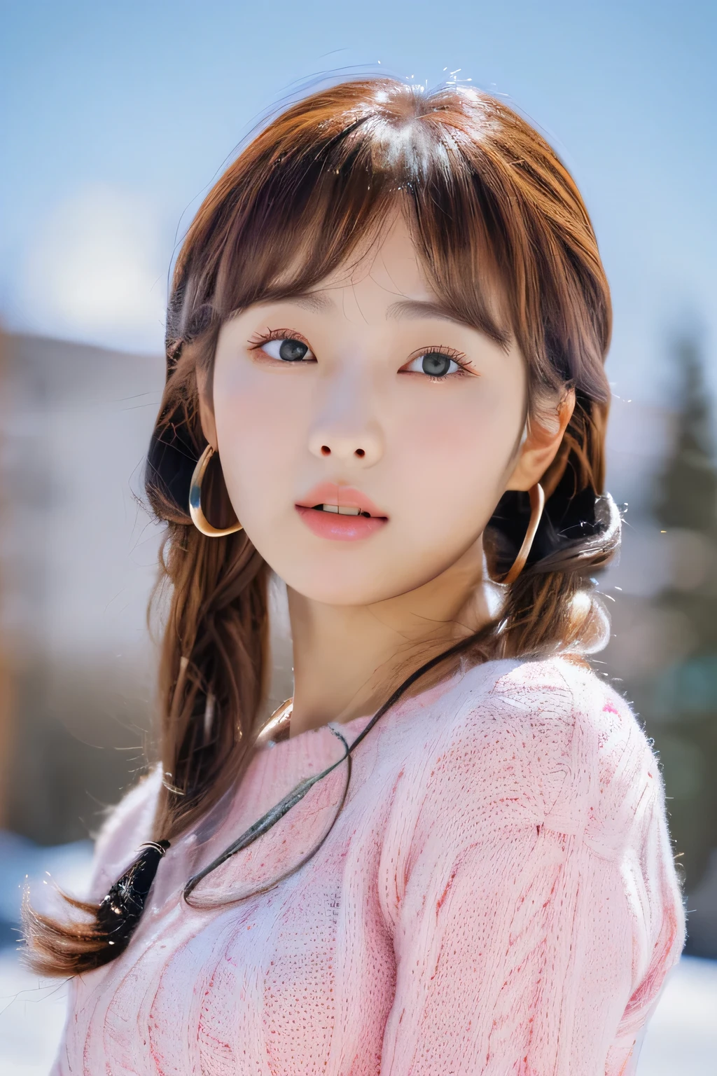 ( highest quality, masterpiece, shape, (realistic, photo-realistic:1.37), wonderful, finely, incredibly absurd, huge file size, 超get used to it, High resolution, Highly detailed CG Unity 8K wallpaper, ray tracing, NSFW, 1 girl, Young Korean Girl, orgasm, blush, A cute realistic drawing of a young Korean woman with pink hair in two ヘアリング and bangs. Revealing a very large bust(highest quality, masterpiece, shape, (genuine, Photorealistic: 1.37), wonderful, get used to it, incredibly absurd, huge file size, Super get used to it, High resolution, High resolution CG Unity 8k 壁紙, one girl, Young Korean Girl, orgasm, blush, Cute realistic picture of a young Korean woman with brown hair in two hair rings and bangs. ski wearを着てゲレンデに立つ. The background is a ski resort, ski wear 