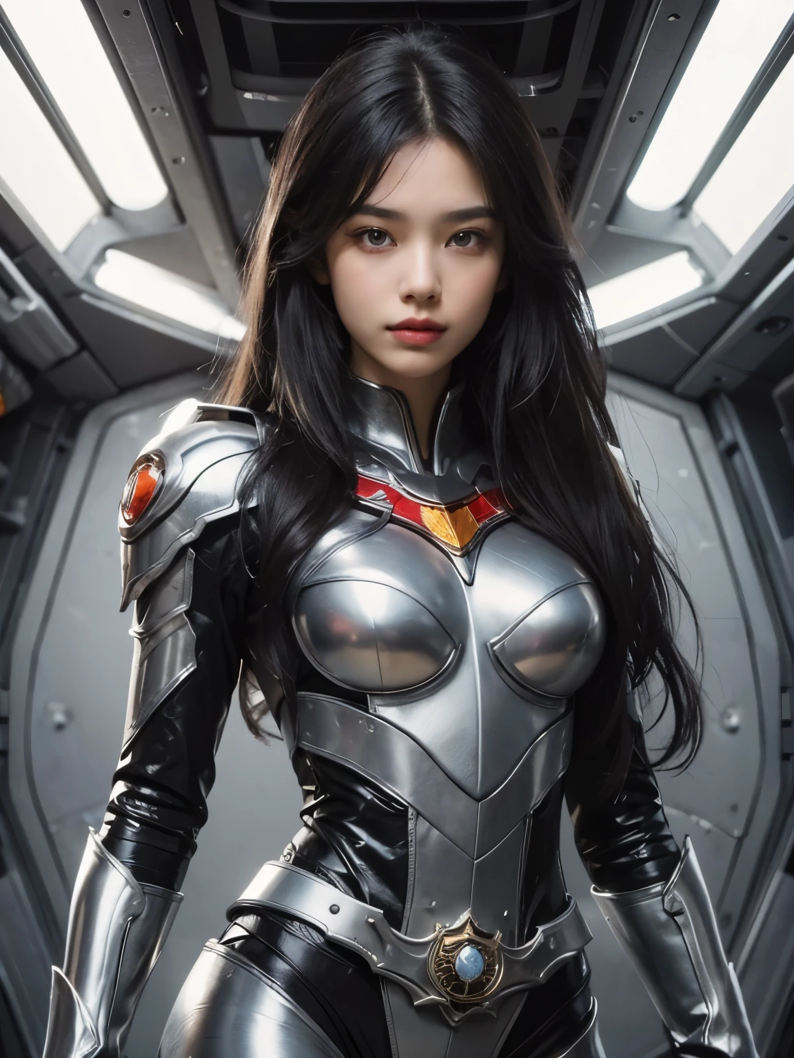 A beautiful woman. Detailed drawing of the face. Black hair. long hair. Beautiful double eyes. The bridge of my nose. Well-shaped lips. She wears combat uniforms that fit her metallic body perfectly. There is something on his waist that is reminiscent of Kamen Rider's transformation belt. A woman is inside a spaceship. A masterpiece.