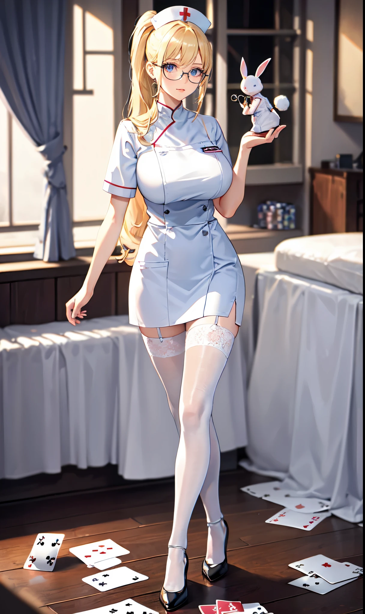White hospital ward background,Playing card decoration,Long light blonde hair,Standing close-up,dream world,Sister nurse,(glasses),High ponytail,Messy hair,Elongated danphoenix eyes,(white nurse,Handheld dolls,Bunny doll：2.0),(big breast)Background of poker decoration,(A ward filled with poker：1.9),Gentle and sickly nurse sister,white stockings,High heel,Detailedly drawn backgrounds