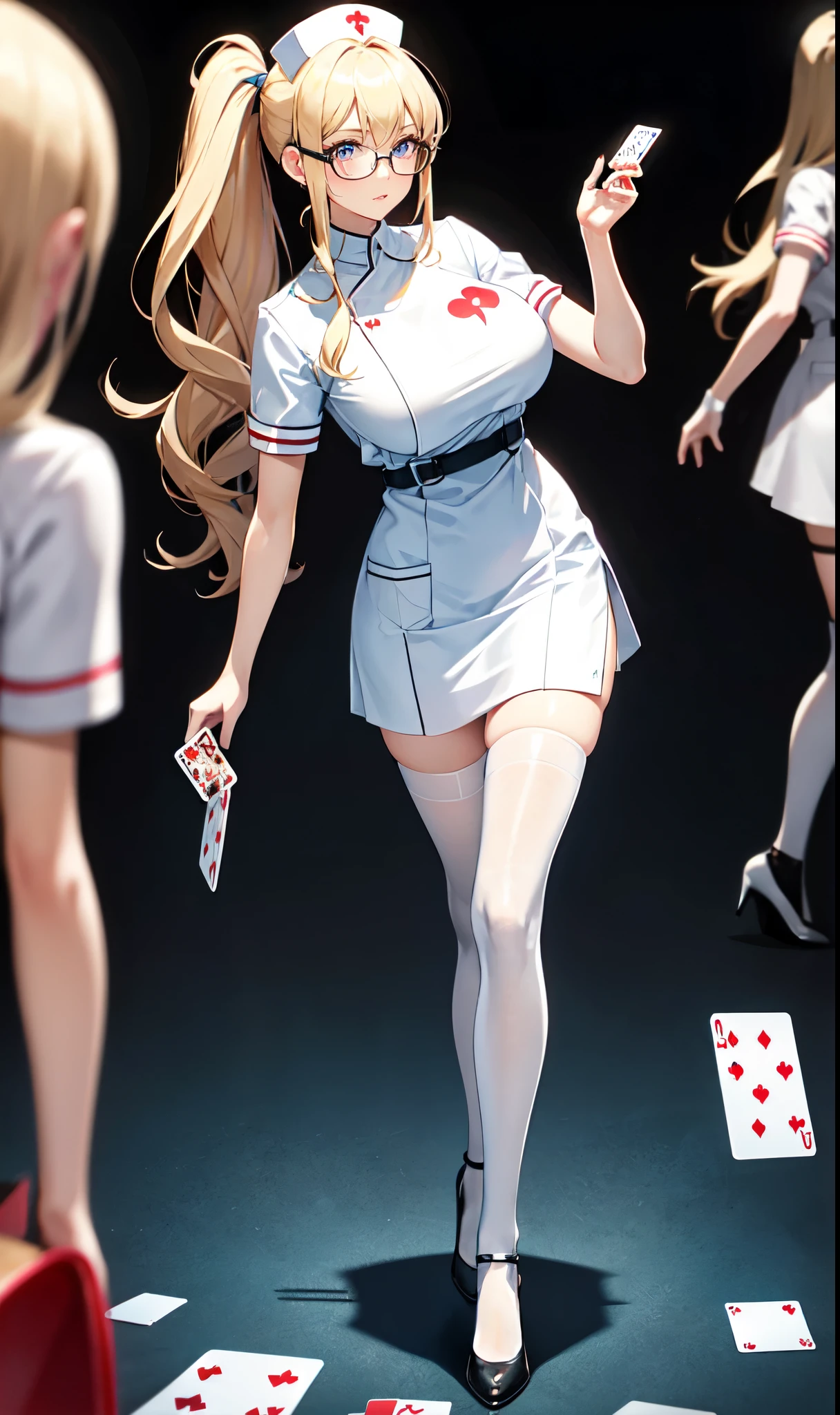 White hospital ward background,Playing card decoration,Long light blonde hair,Standing close-up,dream world,Sister nurse,(glasses),High ponytail,Messy hair,Elongated danphoenix eyes,(white nurse,Handheld dolls,Bunny doll:2.0),(big breast)Background of poker decoration,(A ward filled with poker:1.9),Gentle and sickly nurse sister,white stockings,High heel,Detailedly drawn backgrounds
