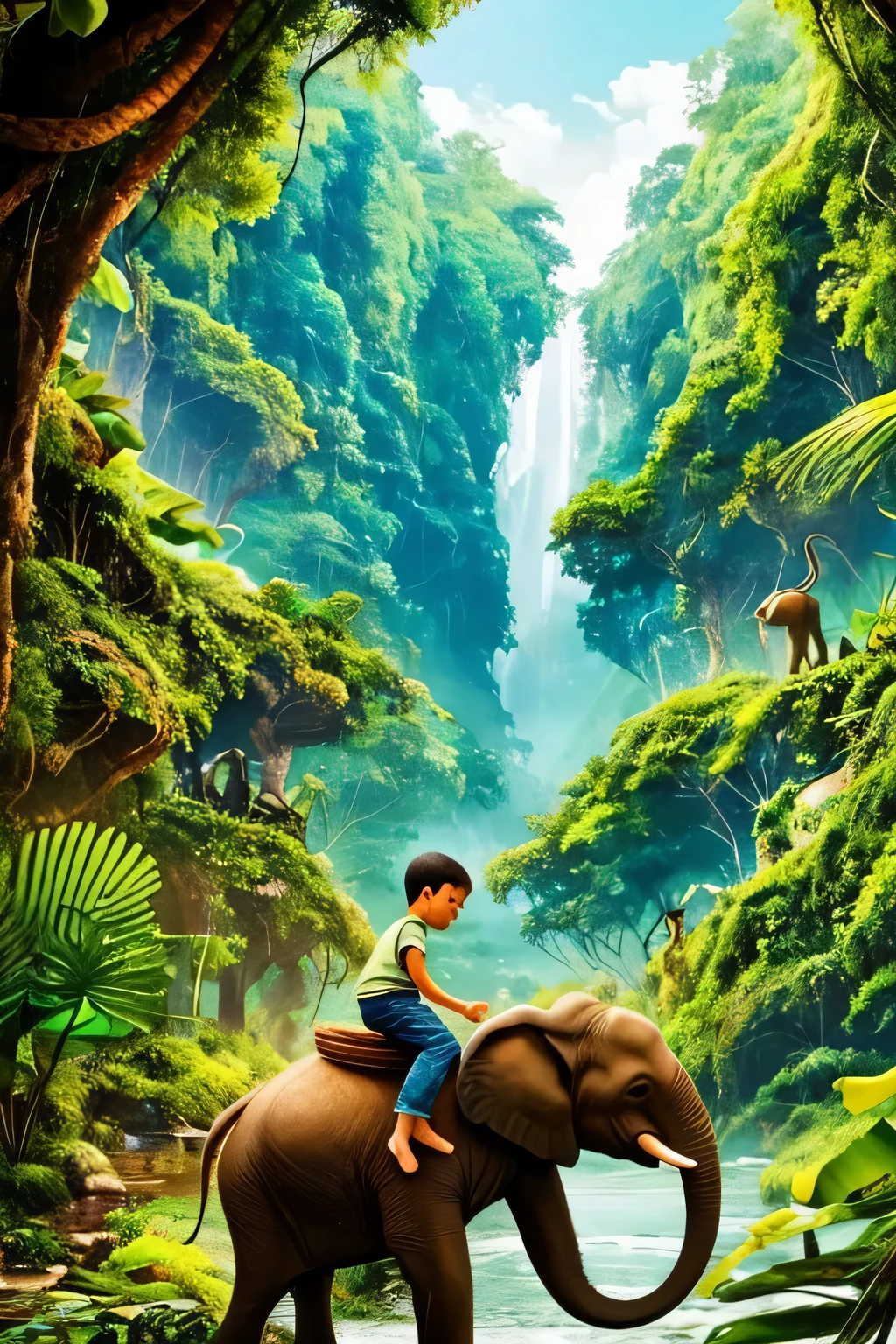 In the heart of a vibrant jungle, A boy happily rides on a gentle baby elephant. Dense foliage surrounds them, Create an enchanting backdrop of lush greenery and exotic plants. The air is filled with the sounds of birds chirping and distant waterfalls.。, Add to the enchanting atmosphere. It's just a scene from a fantastic adventure, A place where the bond between humans and nature is beautifully captured.