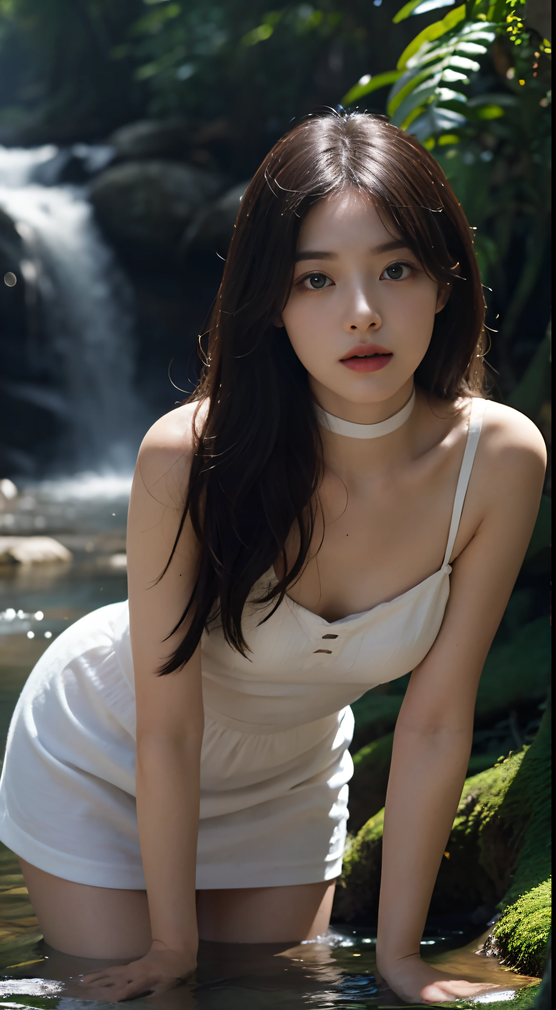 [(white background:1.4)::5], dynamic angle, original, Additional details,(very detailed),illustration,(very detailed CG Unity 8k 벽지), perfect composition ,intricate details, (fancy:0.9), (Telegraph slang:1.25), (intense angle:1.3),(depth of field), (Tyndall effect:1.2), [Bottle bottom], 정말 섬세하고 아름다운 girl, alone, sad look, black hair, (emerald eyes:1.3), crummy_hair, long hair, (+perfect hands+:1.21), choker necklace, (Concentrate upon_girl:1.4), original characters, Natural Volumetric Lighting And Best Shadows, White sundress, (circular floor:0.8), (+In the woods+:1.2), (streamlet|waterfall:1.2),