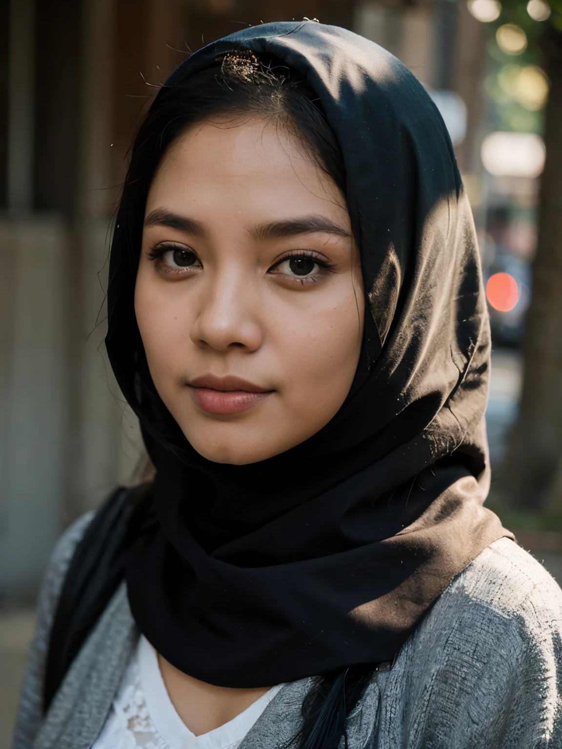 An indonesian woman. 35 years old. Wearing hijab. Full dress. Potrait mode