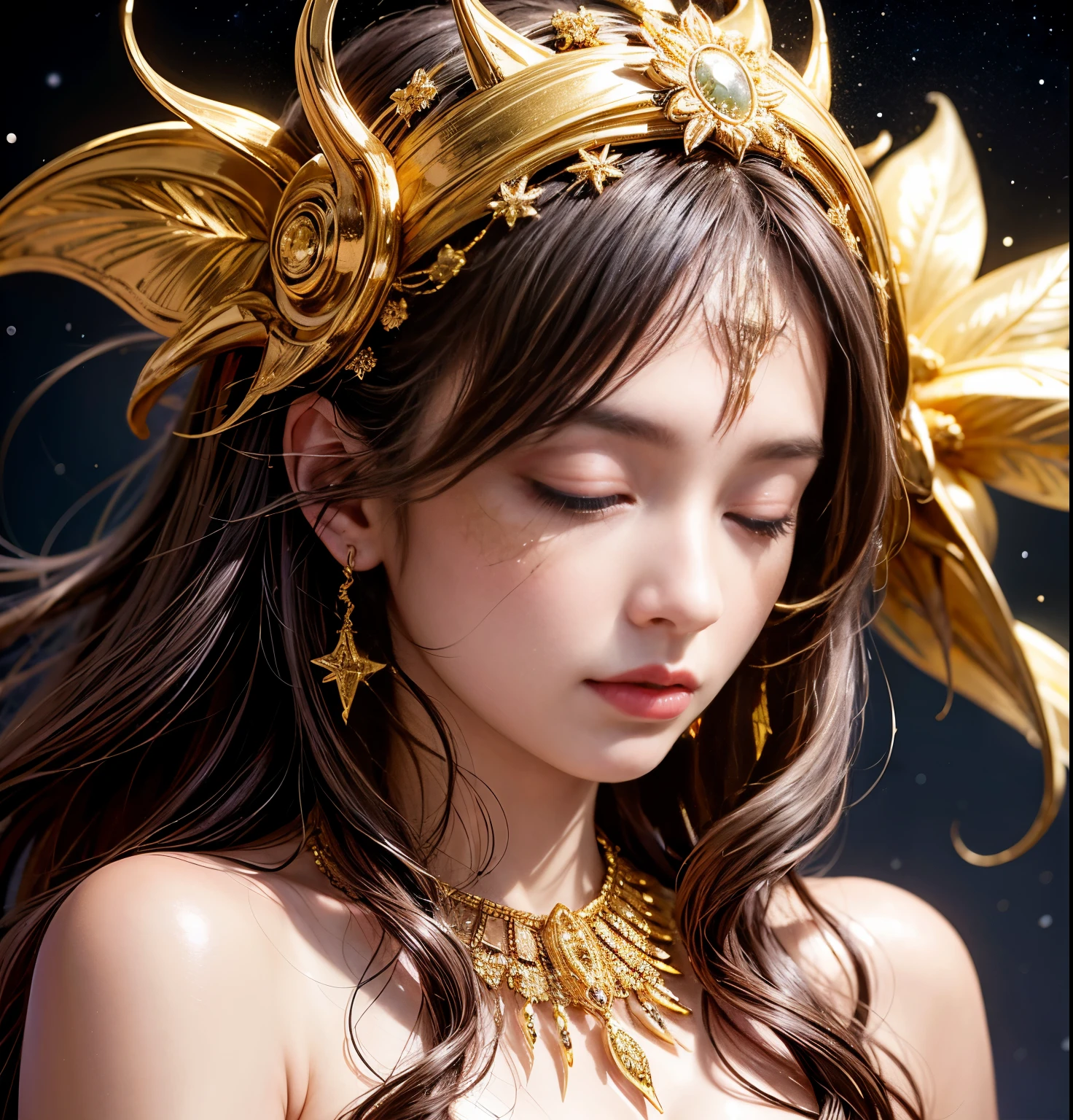 a beautiful woman in the storm at night, draped in cloak of golden stars, wearing gold masquerade face mask, closed eyes, cinematic lighting, (by (Daniel Mernagh) (Carne Griffiths) Monika Nowak), highly detailed