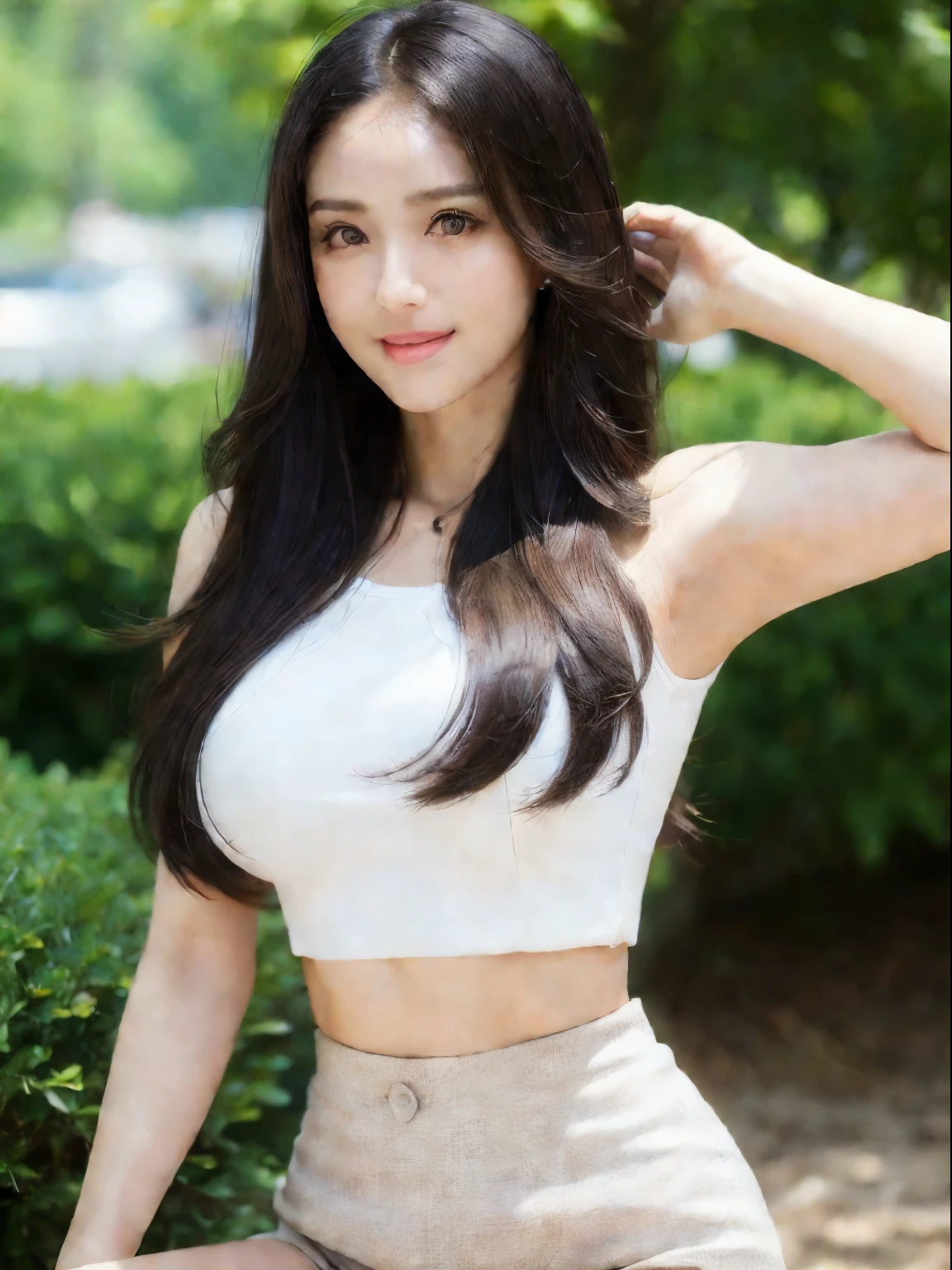 8k, top quality, real picture, Realistic photos, intricate details, Ultra-detailed, ultra high resolution, masterpiece, random angle, actual, thin and long, Smile, (cosmetic: 0.4), (fluffy brown eyes: 1.21), brown eyes, looking at the audience, ((Half body)), 1 girl, alone, Height approx. 175cm, (( whole body)), close-up, , ((High)), (((toned body))), (((face slimming))), sharp face, sharp vision, (((black hair, long hair, )) (Detailed face), perfect face, Smile着, pretty face, Sexy little lips,(( crop top)), Detailed face, Charming big eyes,detailed breast, Perfect E breasts, perfect hands, perfect hands指, Perfect proportion, beautiful girl,Have slender abdominal muscles,Perfect dynamic composition, Beautiful and delicate eyes, Wear a light-colored mini skirt suit, natural color lips, Casual and sexy pose,A 28-year-old girl
