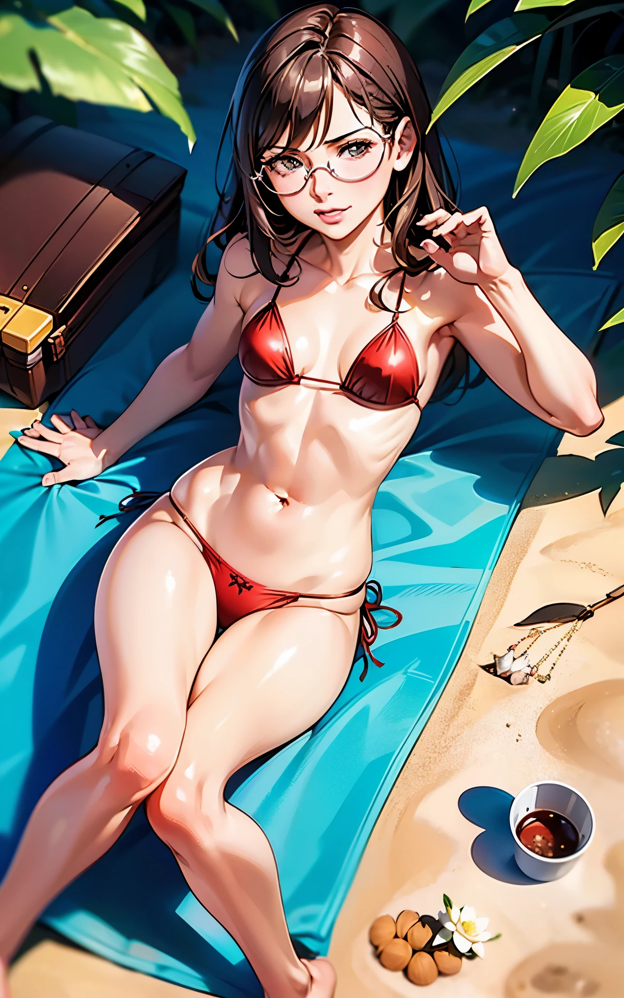 (Gal Gadot:Evangeline Lilly), (looking at viewer, light smile, ), brown hair, brown eyes, long hair, hair_flying, Fluttering hair, flying_hair, ((Transparent glasses, glasses, glasses_on_nose)), red bikini, ((small breasts, )), sexy, charming, stunning, enhance, delicate, (pale skin, real_skin), sunlight, summer, towel, beach, , outdoor, lotus position,
best quality, high quality, highres, 8k, photo realistic, raw photo, cannon, nikon,