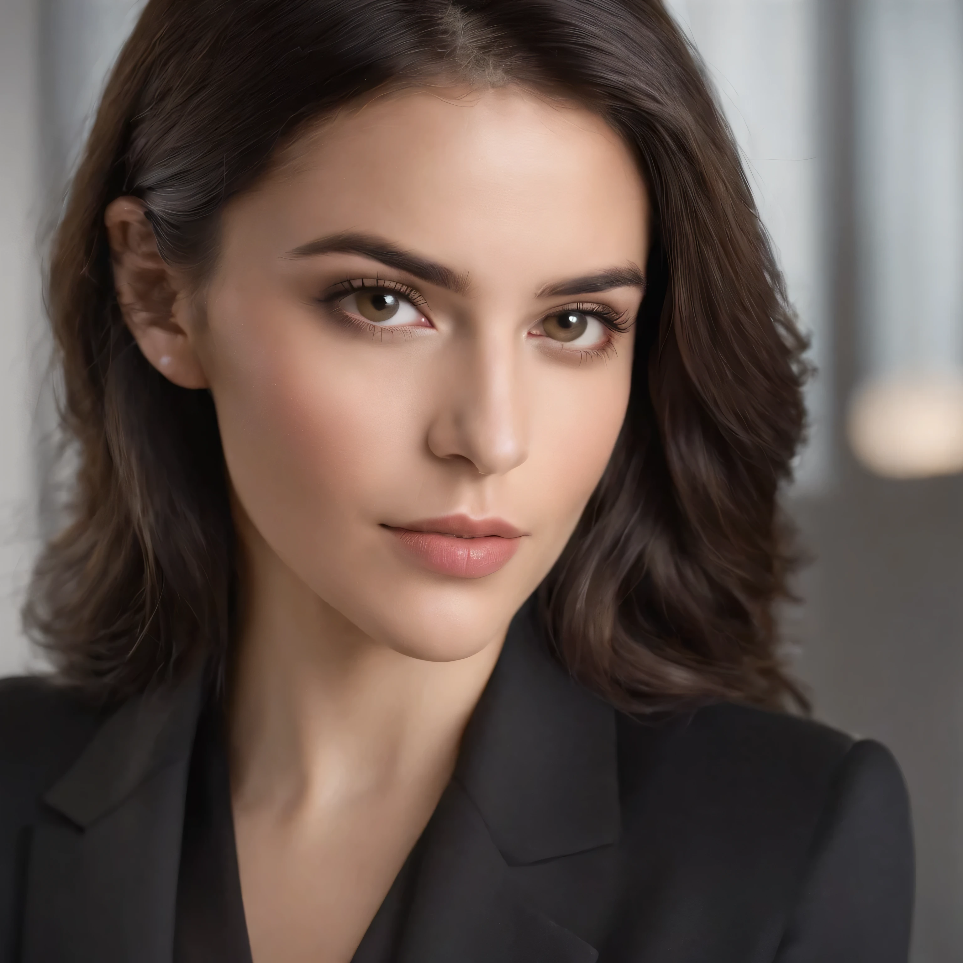 oh SeaArt Txt2Img Studio 18:00:52 foto realista mulher morena sorrindo cabelos longos ondulados roupa de executiva, Black suit in office with face facing forward round face