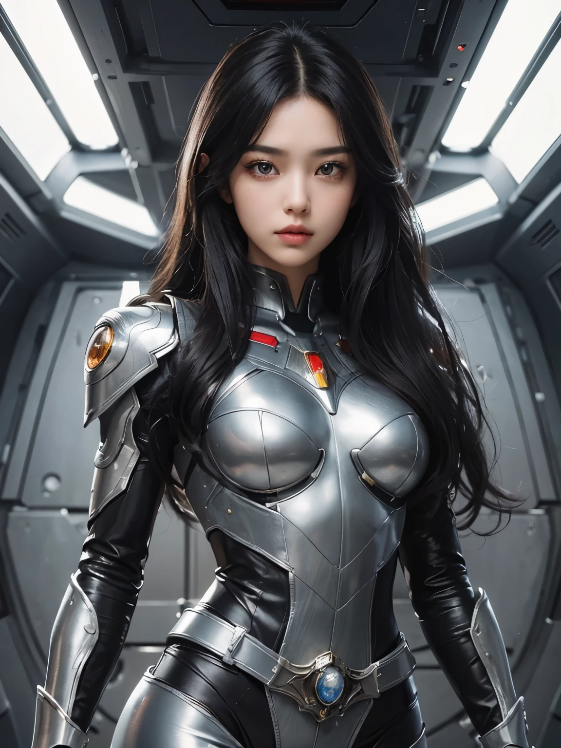 A beautiful woman. Detailed drawing of the face. Black hair. long hair. Beautiful double eyes. The bridge of my nose. Well-shaped lips. She wears combat uniforms that fit her metallic body perfectly. There is something on his waist that is reminiscent of Kamen Rider's transformation belt. A woman is inside a spaceship. A masterpiece.