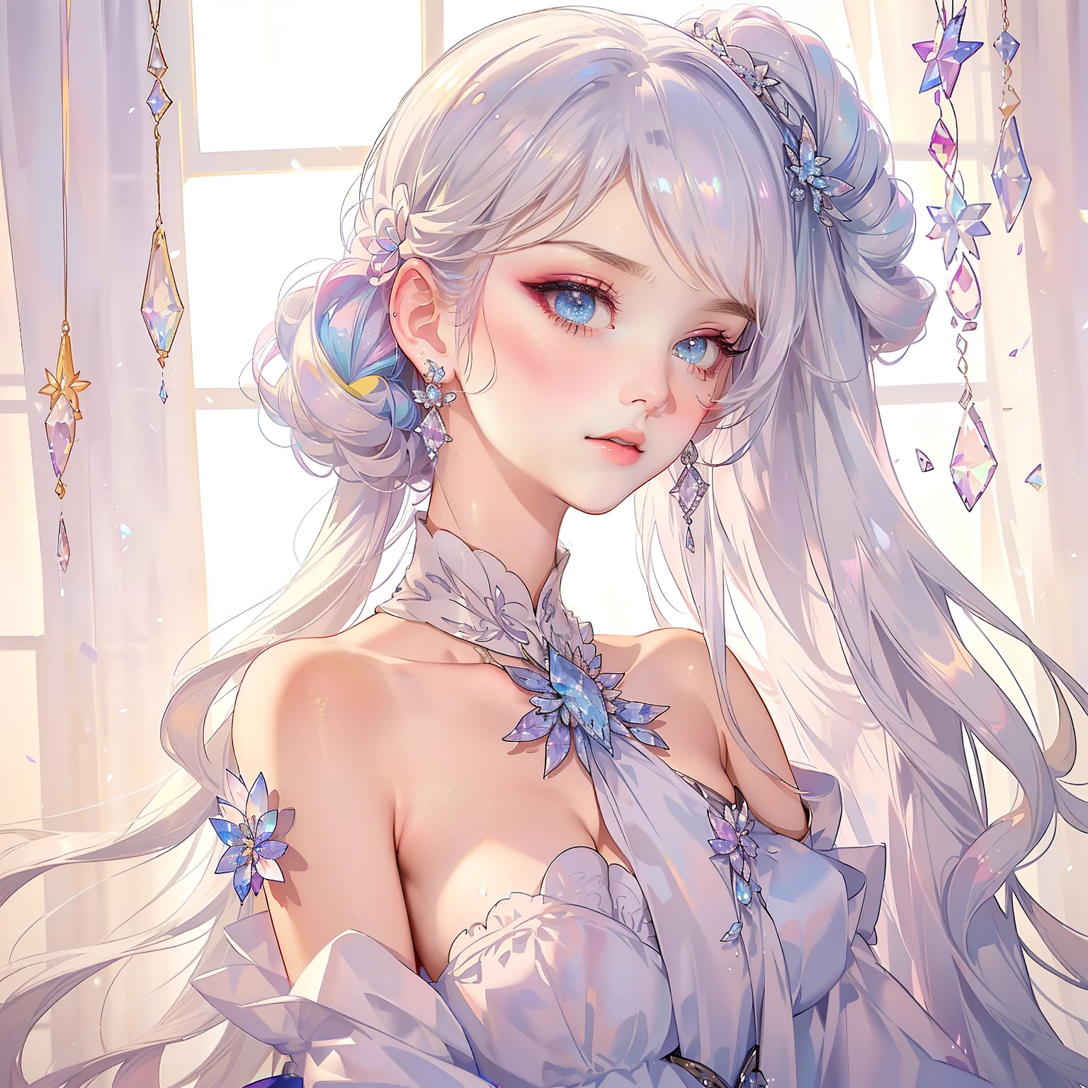 ((masterpiece)), Very detailed, best quality, 8k, (柔Light), Light, Beautiful and delicate eyes, 1 girl, white hair, long hair, Next to a bottle of perfume, elegant, Comfortable, Clean and detailed anime art, Trending on artstart, rainbow colors, milky white, cream dripping on face, illuminate warmly, Soap, (pink and white theme),
