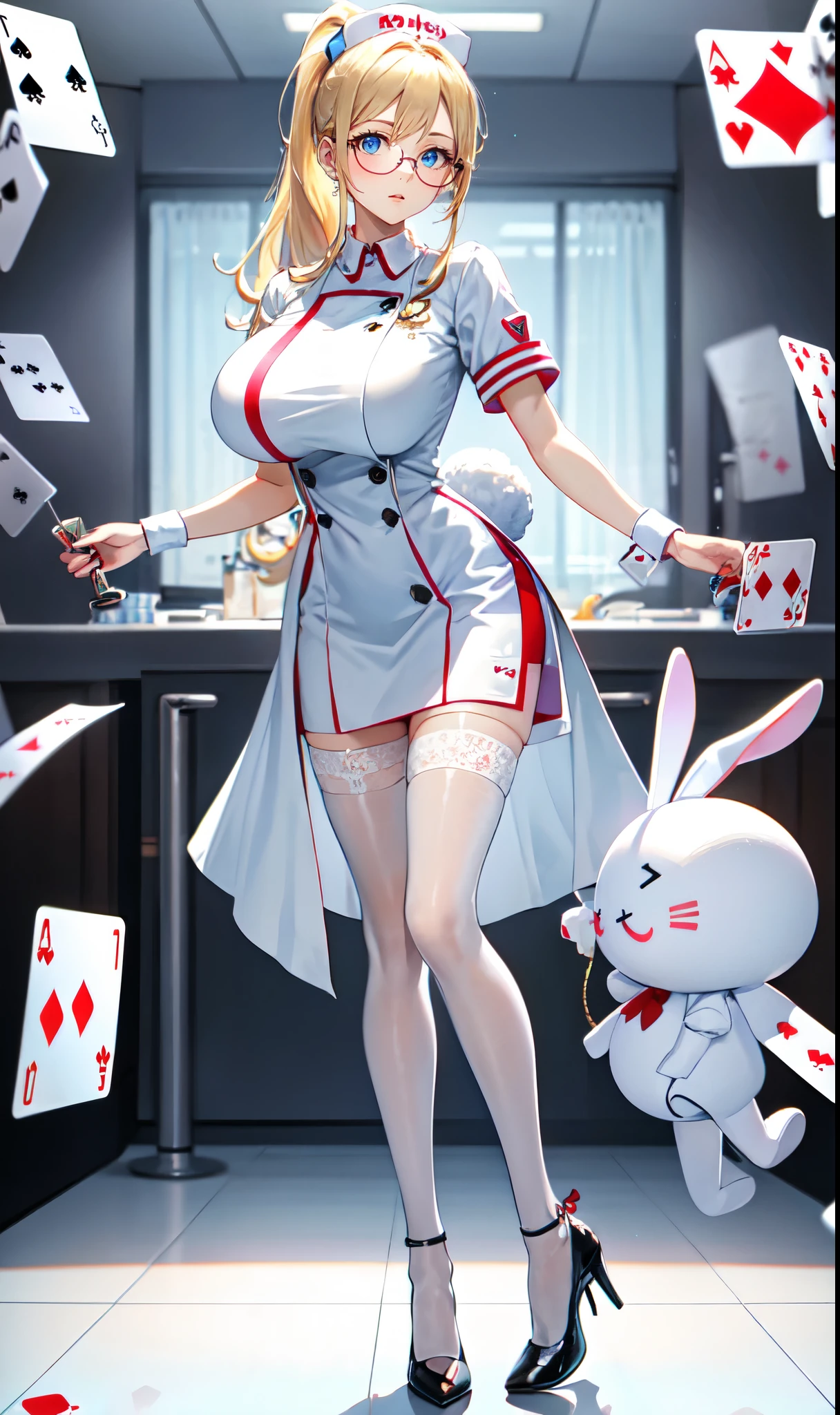 White hospital ward background,Playing card decoration,Long light blonde hair,Standing close-up,dream world,Sister nurse,(glasses),High ponytail,Messy hair,Elongated danphoenix eyes,(white nurse,Handheld dolls,Bunny doll:2.0),(big breast)Background of poker decoration,(A ward filled with poker:1.9),Gentle and sickly nurse sister,white stockings,High heel,Detailedly drawn backgrounds