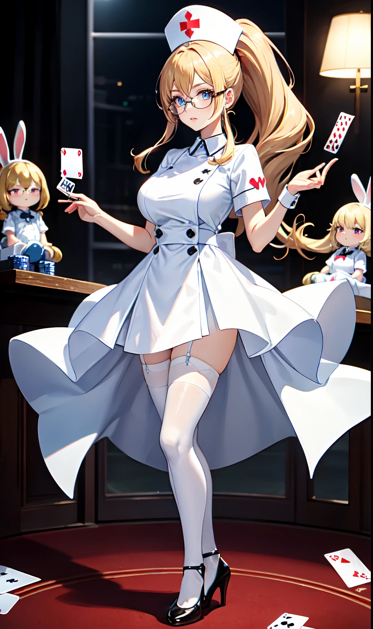 White hospital ward background,Playing card decoration,Long light blonde hair,Standing close-up,dream world,Sister nurse,(glasses),High ponytail,Messy hair,Elongated danphoenix eyes,(white nurse,Handheld dolls,Bunny doll:2.0),(big breast)Background of poker decoration,(A ward filled with poker:1.9),Gentle and sickly nurse sister,white stockings,High heel,Detailedly drawn backgrounds
