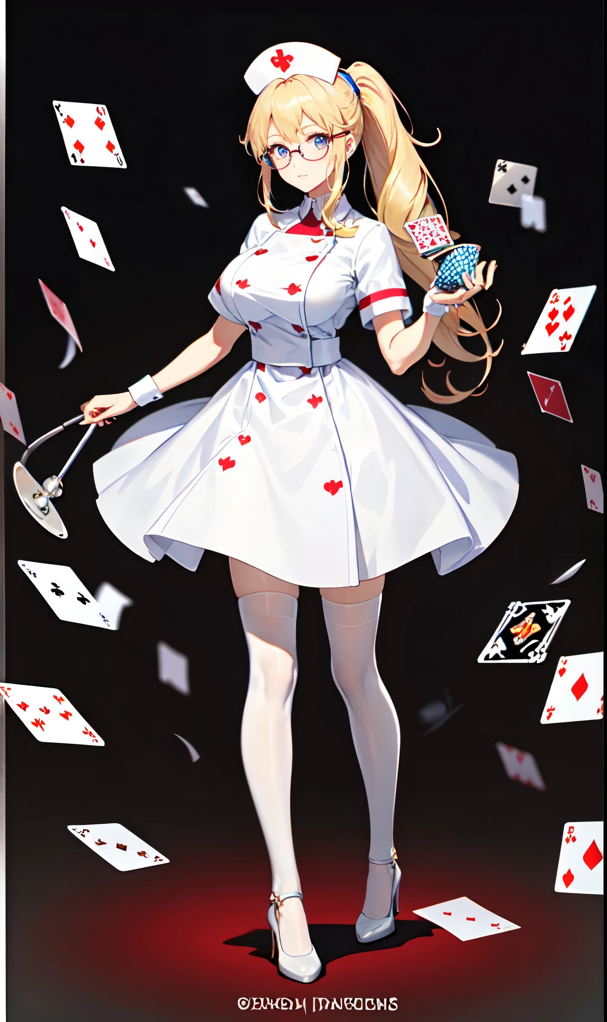White hospital ward background,Playing card decoration,Long light blonde hair,Standing close-up,dream world,Sister nurse,(glasses),High ponytail,Messy hair,Elongated danphoenix eyes,(white nurse,Handheld dolls,Bunny doll:2.0),(big breast)Background of poker decoration,(A ward filled with poker:1.9),Gentle and sickly nurse sister,white stockings,High heel,Detailedly drawn backgrounds