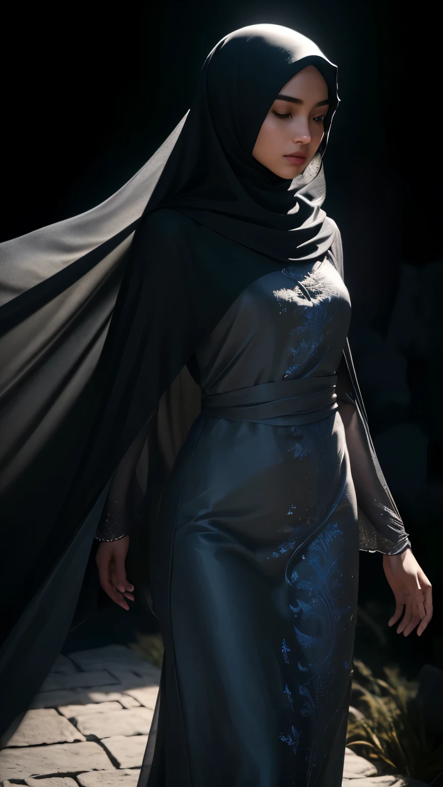 (best quality,highres,ultra-detailed,realistic:1.37),silhouette of hijab girl with silky long dresswalking out of the darkest cave gigantic moon front of her, leafing the viewers, dramatic lighting,subtle glow,soft mist,serene atmosphere,gentle breeze,moonlit night,hauntingly beautiful,detailed face,perfect eye,perfect lips,charcoal sketch-inspired,contrast of light and shadow,details of flowing cloth,graceful posture,subtle contours,depth and texture,ethereal feel,sublime beauty,dreamlike quality,striking contrast between darkness and light,vibrant colors in the background,subdued colors on the silhouette,a hint of vulnerability and strength,secrets and mysteries of the night,peaceful and empowering imagery