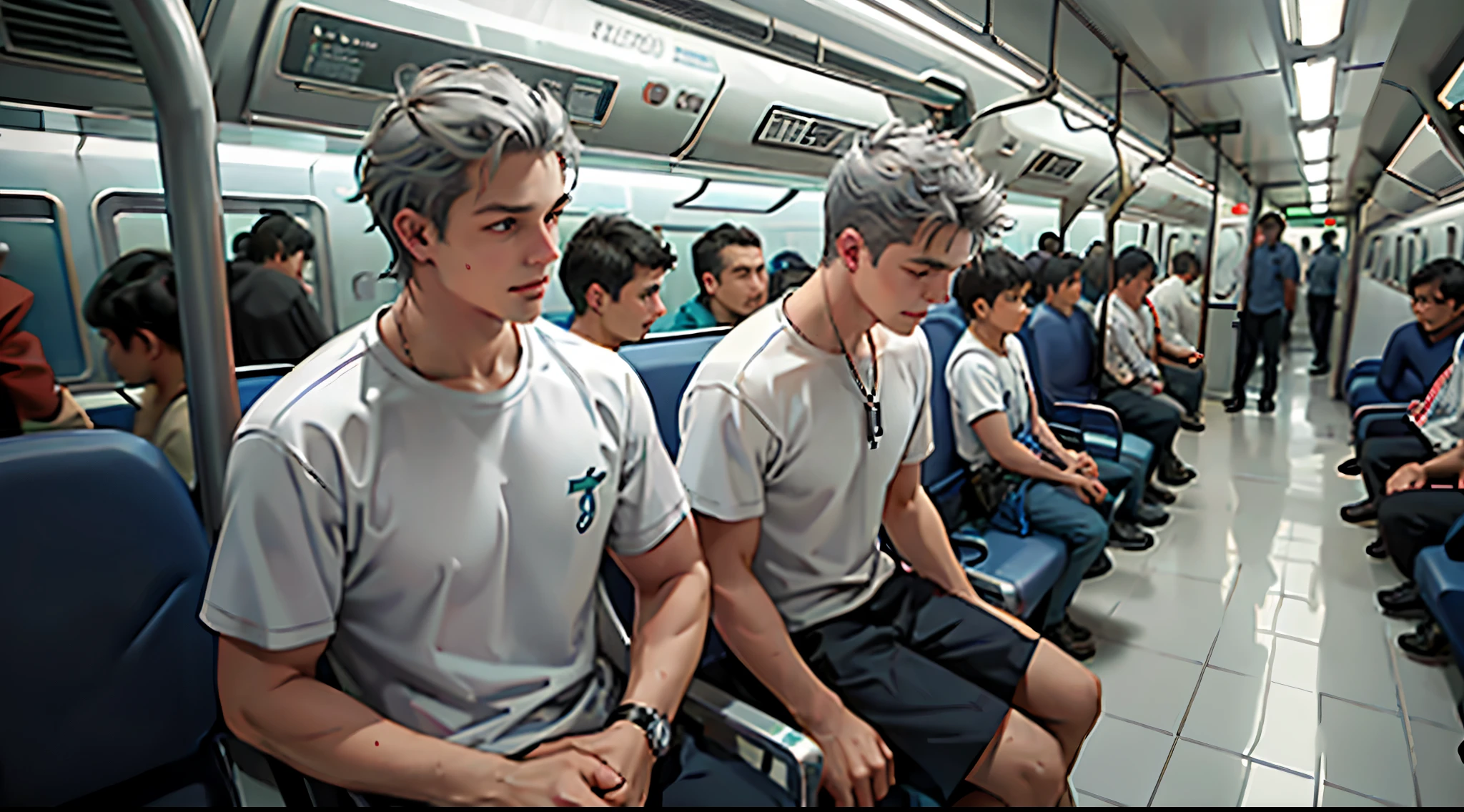 There are two handsome silver-haired boys, they are , traveling together in the subway in Mexico, they are wearing white t-shirts.