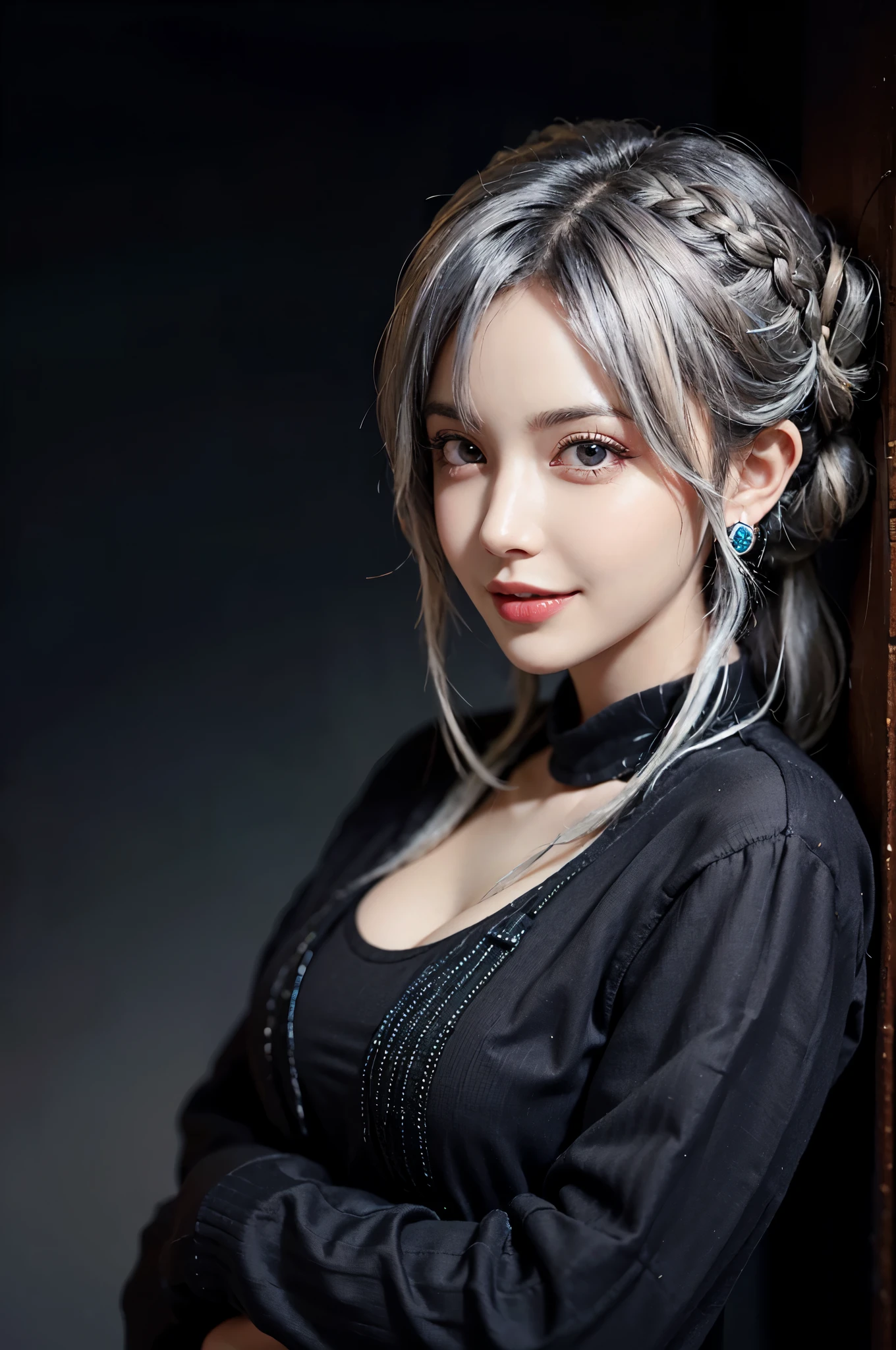 1 girl,lifelike,naughty face, white hair,scroll_Eye,ahegao, open mouth, smile, Gale,twin_braid, earrings, jewelry, animal,