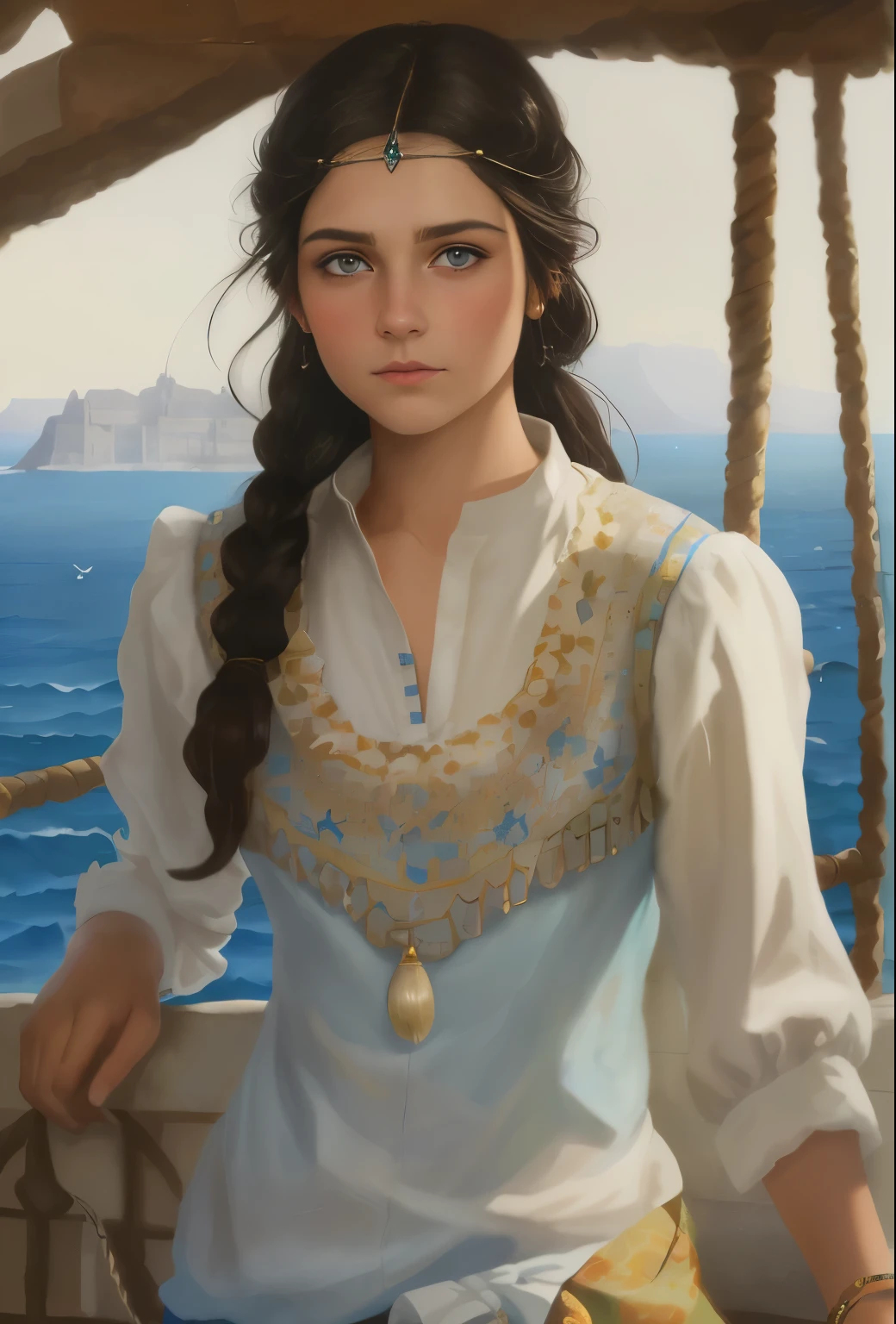 High resolution, brunette girl, , bright blue eyes, pattern of stones on her face along the forehead to the temples, Brunette, temples slightly shaved, long black hair pulled back in a ponytail, temples slightly shaved, dressed in a silk shirt and loose trousers, bright blue eyes, portrait, the sea in the background, seagulls, realism, fantasy