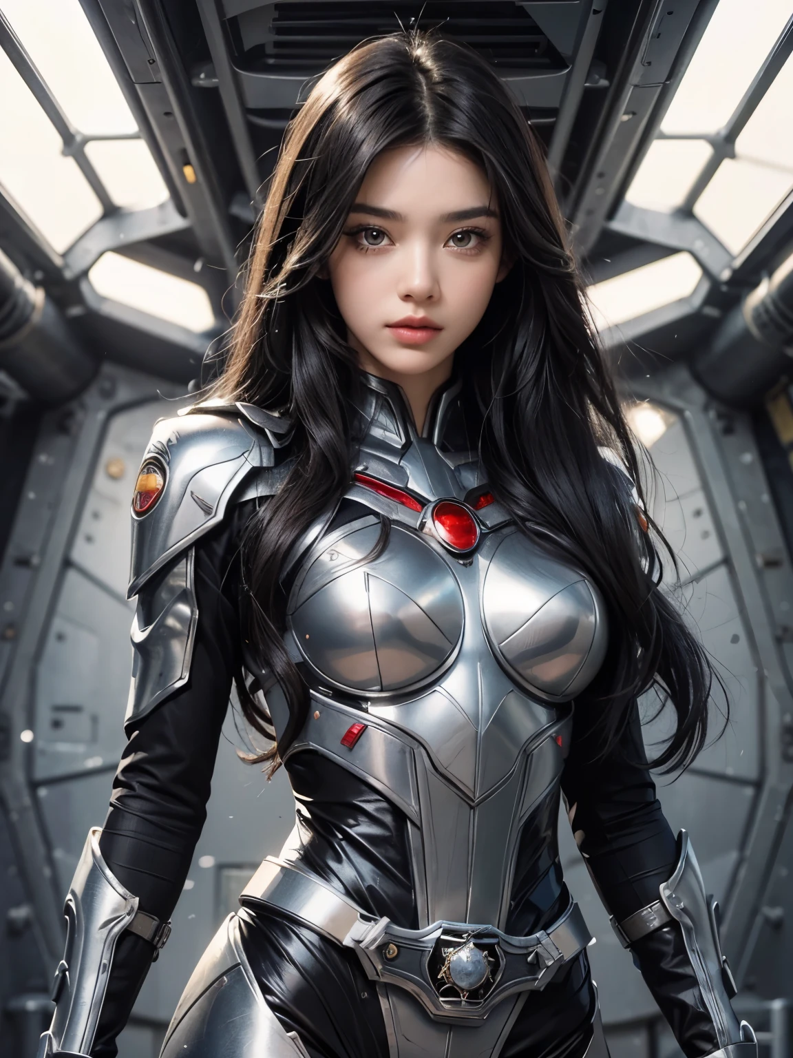 A beautiful woman. Detailed drawing of the face. Black hair. long hair. Beautiful double eyes. The bridge of my nose. Well-shaped lips. She wears combat uniforms that fit her metallic body perfectly. There is something on his waist that is reminiscent of Kamen Rider's transformation belt. A woman is inside a spaceship. A masterpiece.