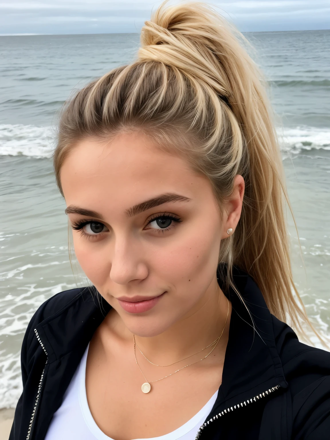 23 year old blonde woman takes a selfie outdoors in the sun at the beach, the sea covers the entire background, Photorealism, Cheveux blonds with the racines châtain clair, cheveux blond, cheveux avec des racines brunes, yeux bleus, belle femme, vue de face, very close-up of the face, zoom sur le visage, elle porte un blouson ???? d'hiver, high quality, selfie, her hair is tied behind her head with a ponytail, her hair is stuck to her head