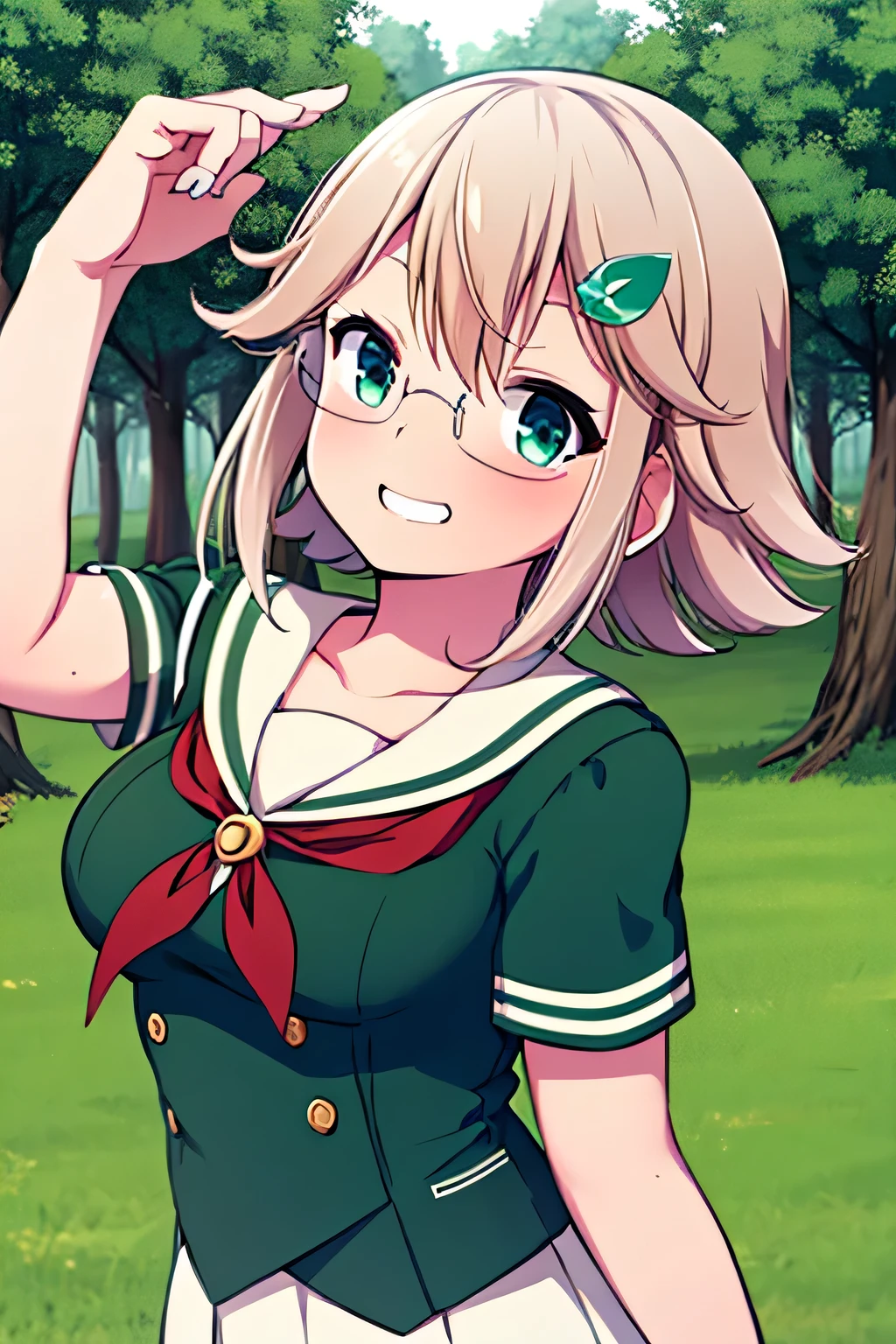 masterpiece, best quality, wakaba, 1girl, 1boy, blonde hair, green eyes, forest background, glasses, school outfit, smile, teeth