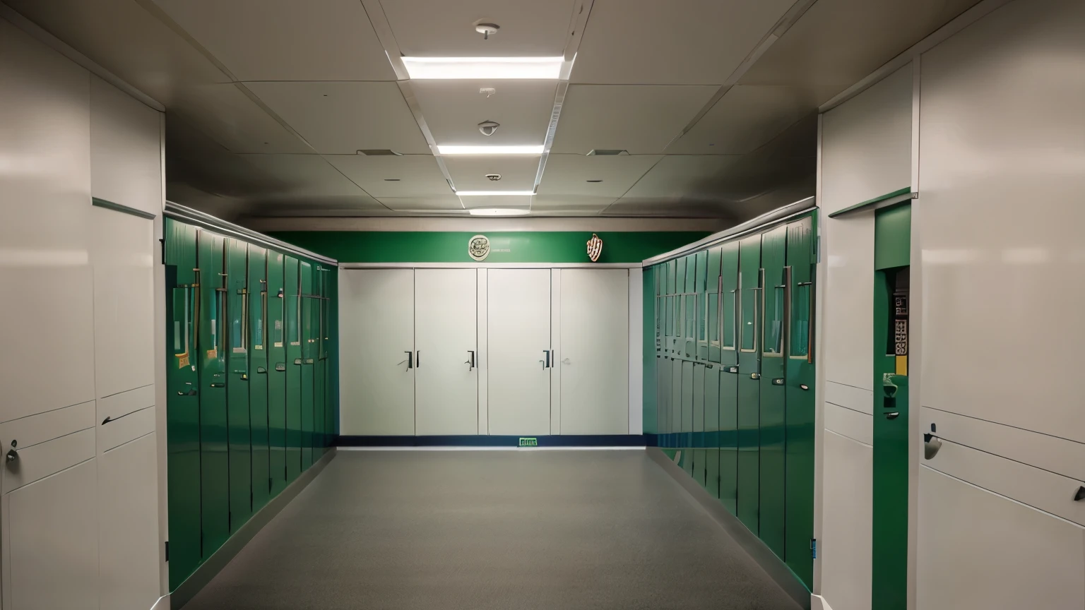 (masterpiece, high resolution, photo-realistic:1.3), empty soccer locker room, pristine and well-lit, (Heineken green:1.2) and (UEFA Champions League colors:1.2)  dominating the space, front view, perfectly arranged team jerseys hanging neatly, each with a player's name and number printed on the back, vibrant green turf visible through the open doorway, shiny wooden benches, polished floors, (trophies:1.1) proudly displayed in a glass case, motivational quotes and team mottos adorning the walls, the air filled with a mix of anticipation and nerves, a sense of quiet before the storm, meticulous attention to detail evident in every corner of the room.