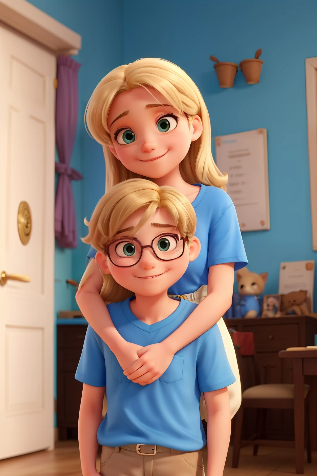 Marina is an 11-year-old girl with blonde hair and brown eyes. She's wearing a blue T-shirt and white shorts...... She's hugging her father, um homem alto, gordo, wearing prescription glasses and a very large beard. Marina's father is a very kind and loving man. He's always there for her, No matter what happens. Marina loves her father very much and is always happy when she is with him. Marina hugs her father tightly and says she loves him. Her father hugs her back and says he loves her very much too.. They hug for a while, apenas curtindo a companhia um do outro. Marina feels safe and loved when she is with her father. Ela sabe que sempre pode contar com ele para tudo. She is so grateful to have such a wonderful father.