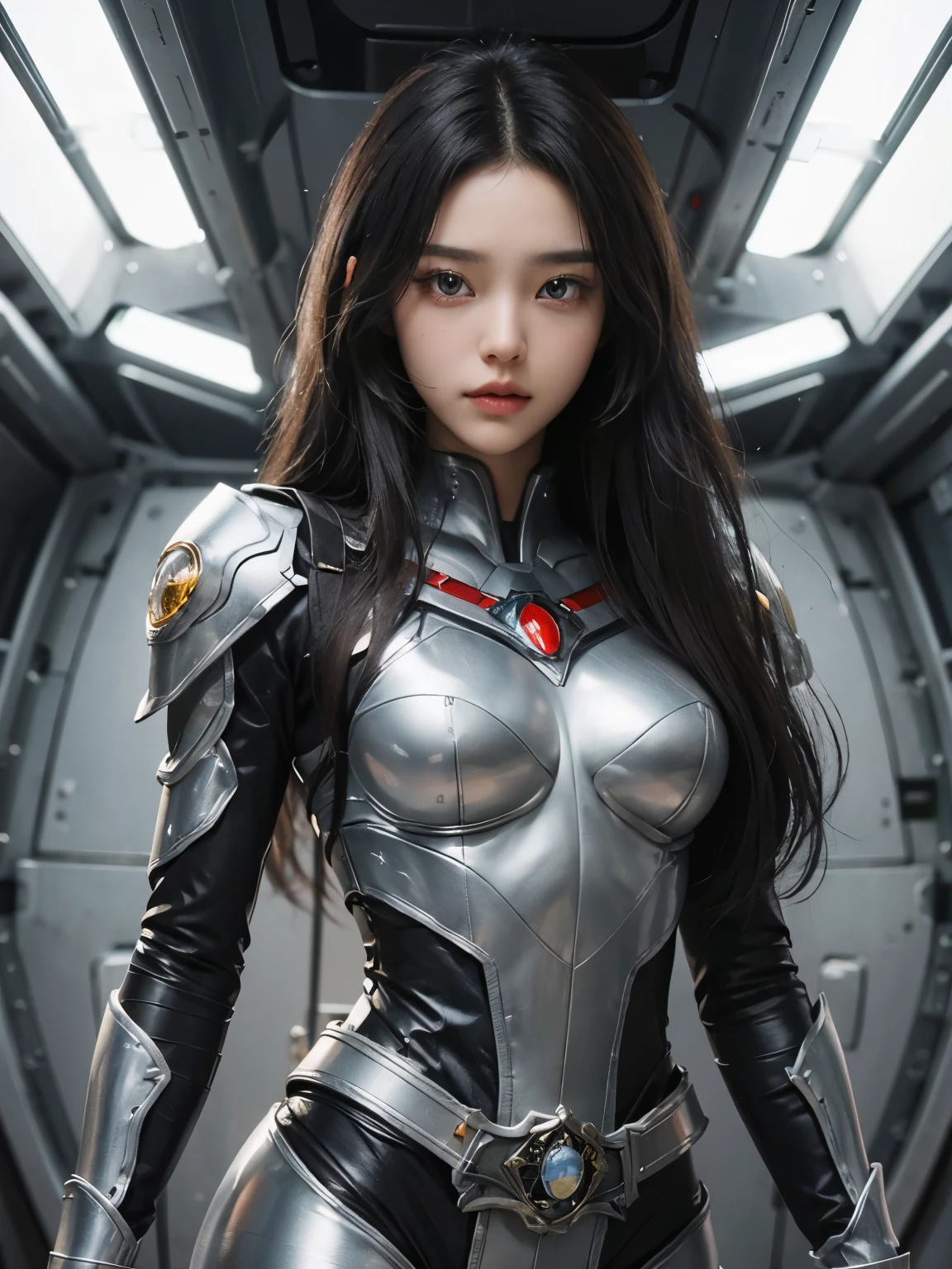 A beautiful woman. Detailed drawing of the face. Black hair. long hair. Beautiful double eyes. The bridge of my nose. Well-shaped lips. She wears combat uniforms that fit her metallic body perfectly. There is something on his waist that is reminiscent of Kamen Rider's transformation belt. A woman is inside a spaceship. A masterpiece.