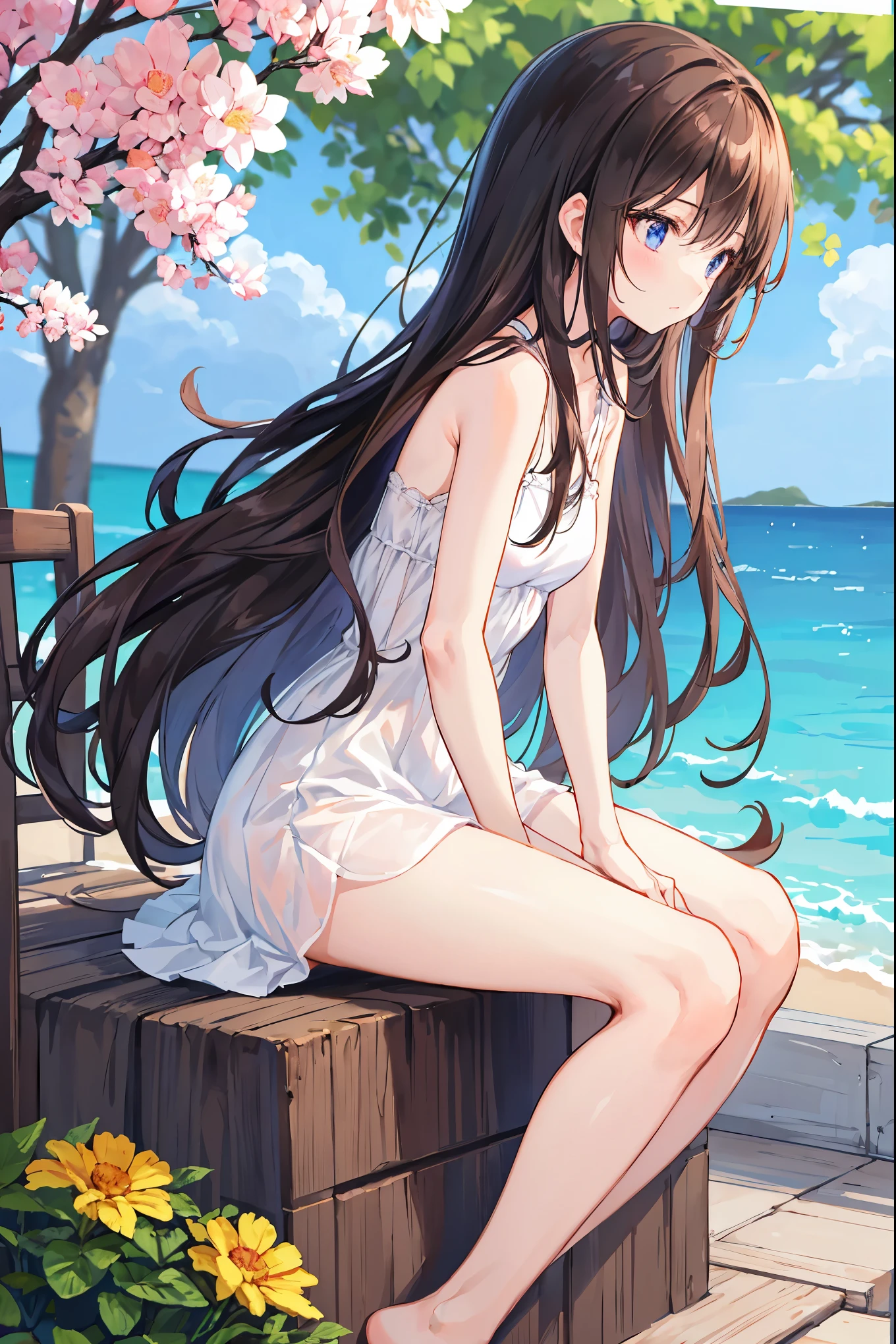 Location in Japan, Anime 1 girl, Brown hair, Eye color at the top is blue to the bottom is slightly purple, Cute face, Slim body, Medium and firm breasts, Slightly messy hair, smooth white skin like Mutia, The sun has set, on the beach, looking at the beach view, raise one hand above your head, wearing a summer dress, Happy smiling, masterpiece, 8k.