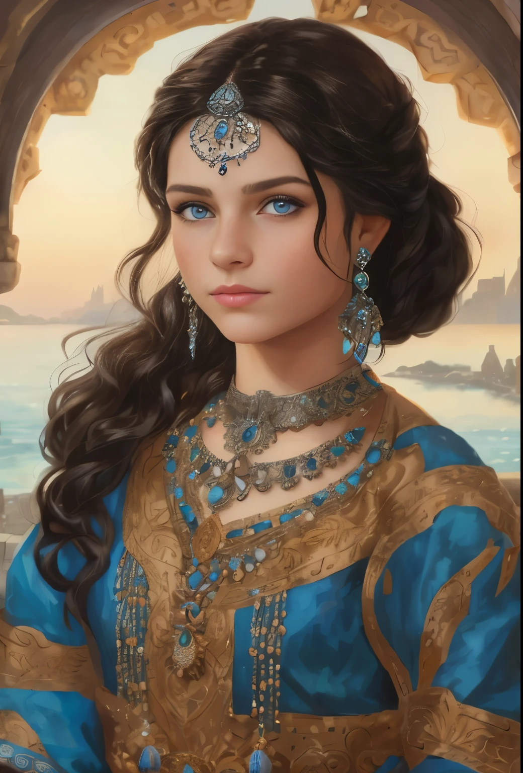 High resolution, brunette girl, , bright blue eyes, pattern of stones on her face along the forehead to the temples, Brunette, temples slightly shaved, long black hair pulled back in a ponytail, temples slightly shaved, dressed in a silk shirt and loose trousers, bright blue eyes, portrait, the sea in the background, seagulls, realism, fantasy